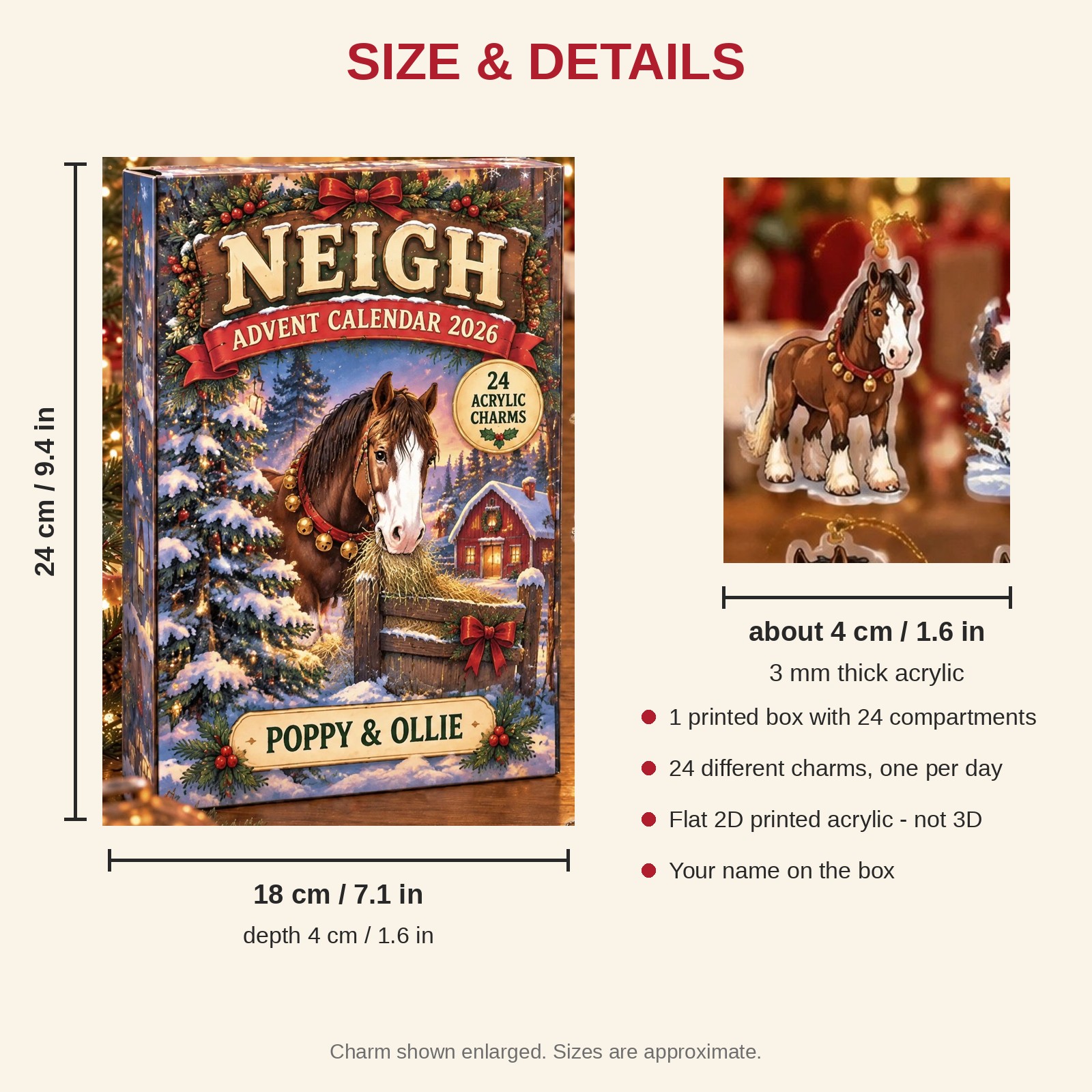 Personalized Clydesdale Lover advent calendar box with 24 flat acrylic Christmas charms: box and charm sizes