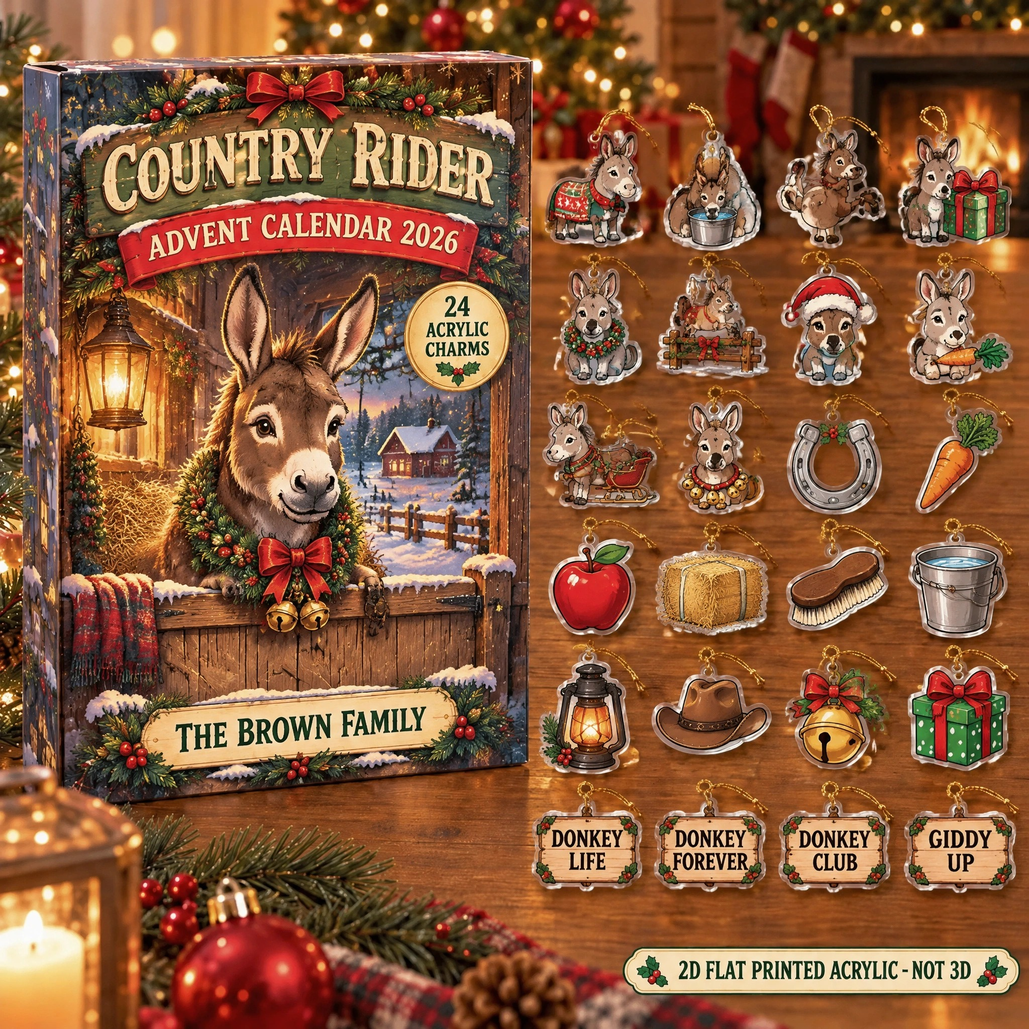 Personalized Donkey Lover advent calendar box with 24 flat acrylic Christmas charms