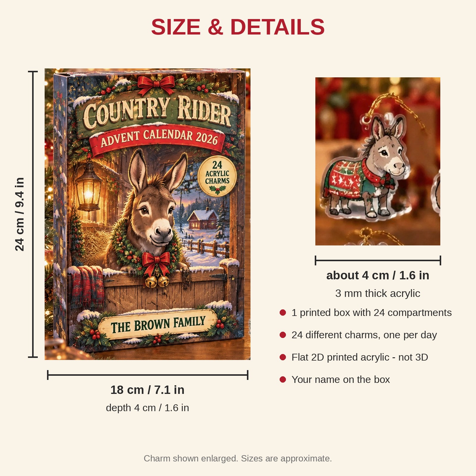 Personalized Donkey Lover advent calendar box with 24 flat acrylic Christmas charms: box and charm sizes