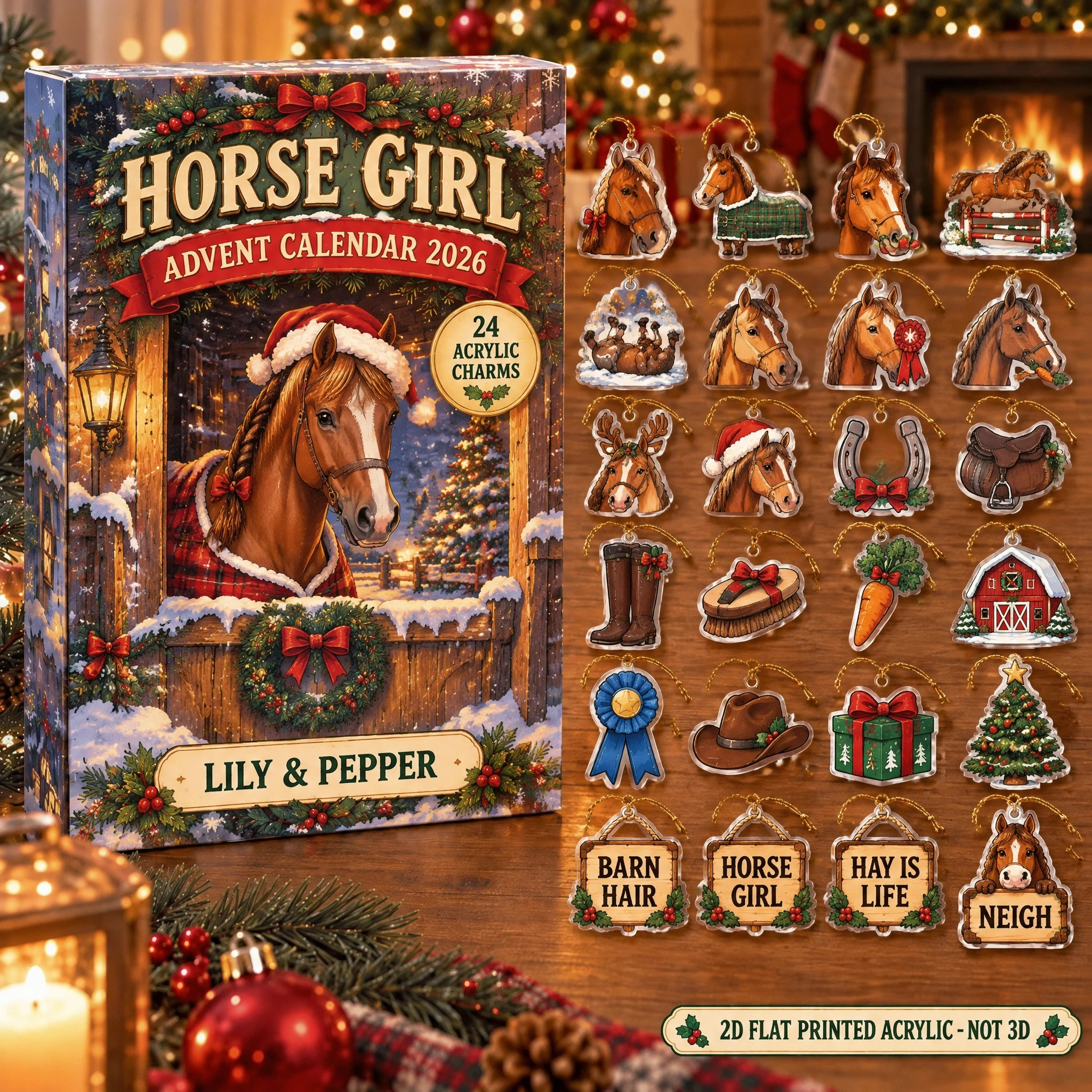 Personalized Horse Lover advent calendar box with 24 flat acrylic Christmas charms