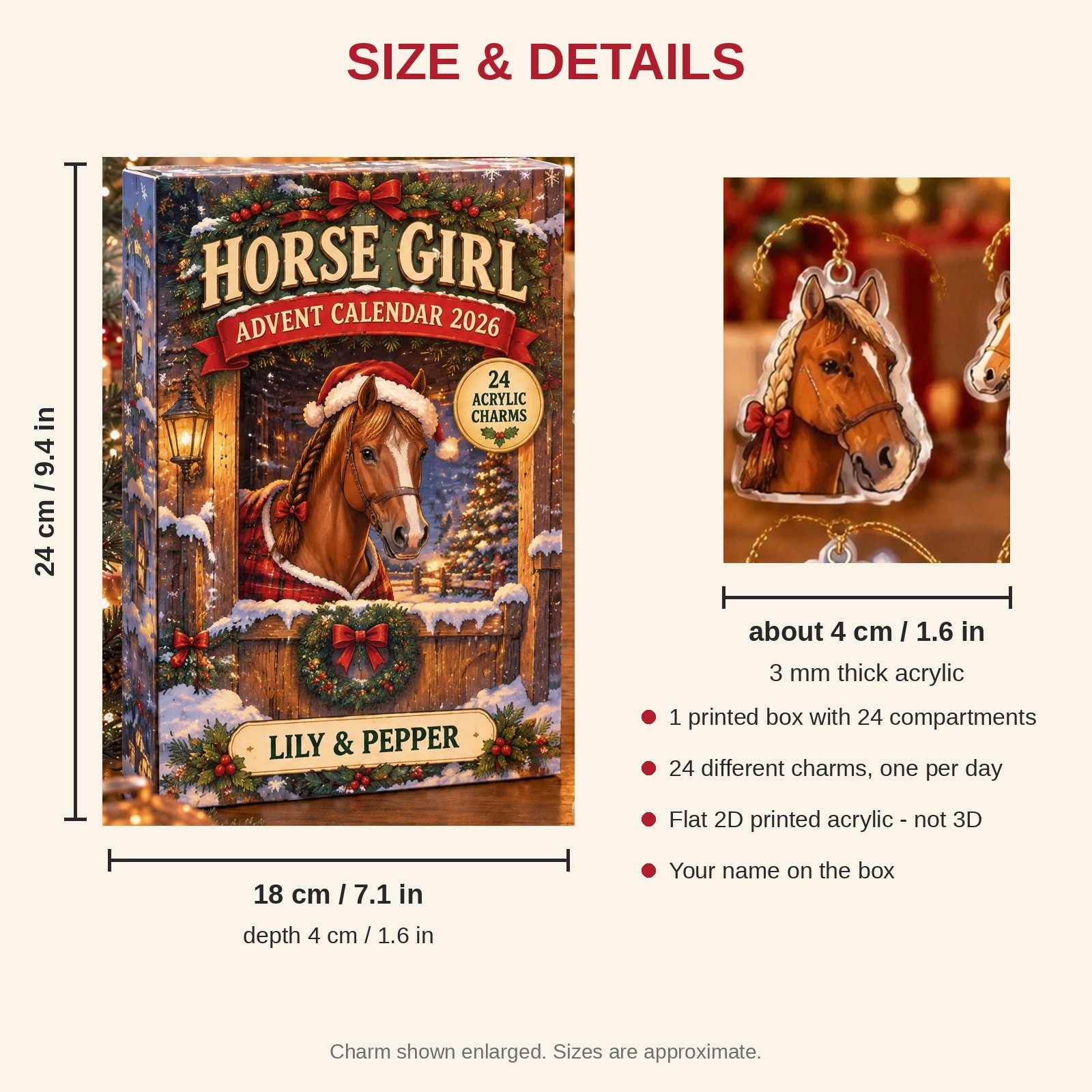 Personalized Horse Lover advent calendar box with 24 flat acrylic Christmas charms: box and charm sizes