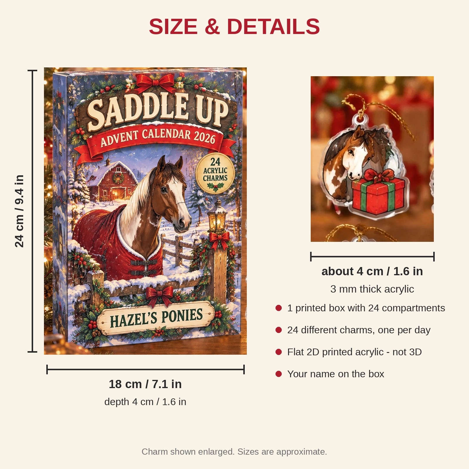 Personalized Paint Horse Lover advent calendar box with 24 flat acrylic Christmas charms: box and charm sizes