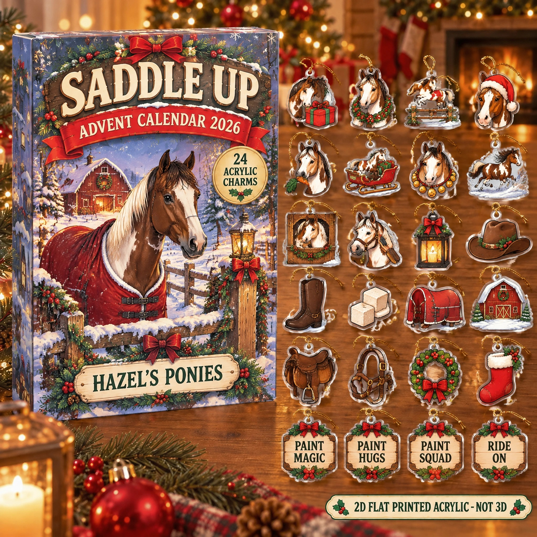 Personalized Paint Horse Lover advent calendar box with 24 flat acrylic Christmas charms