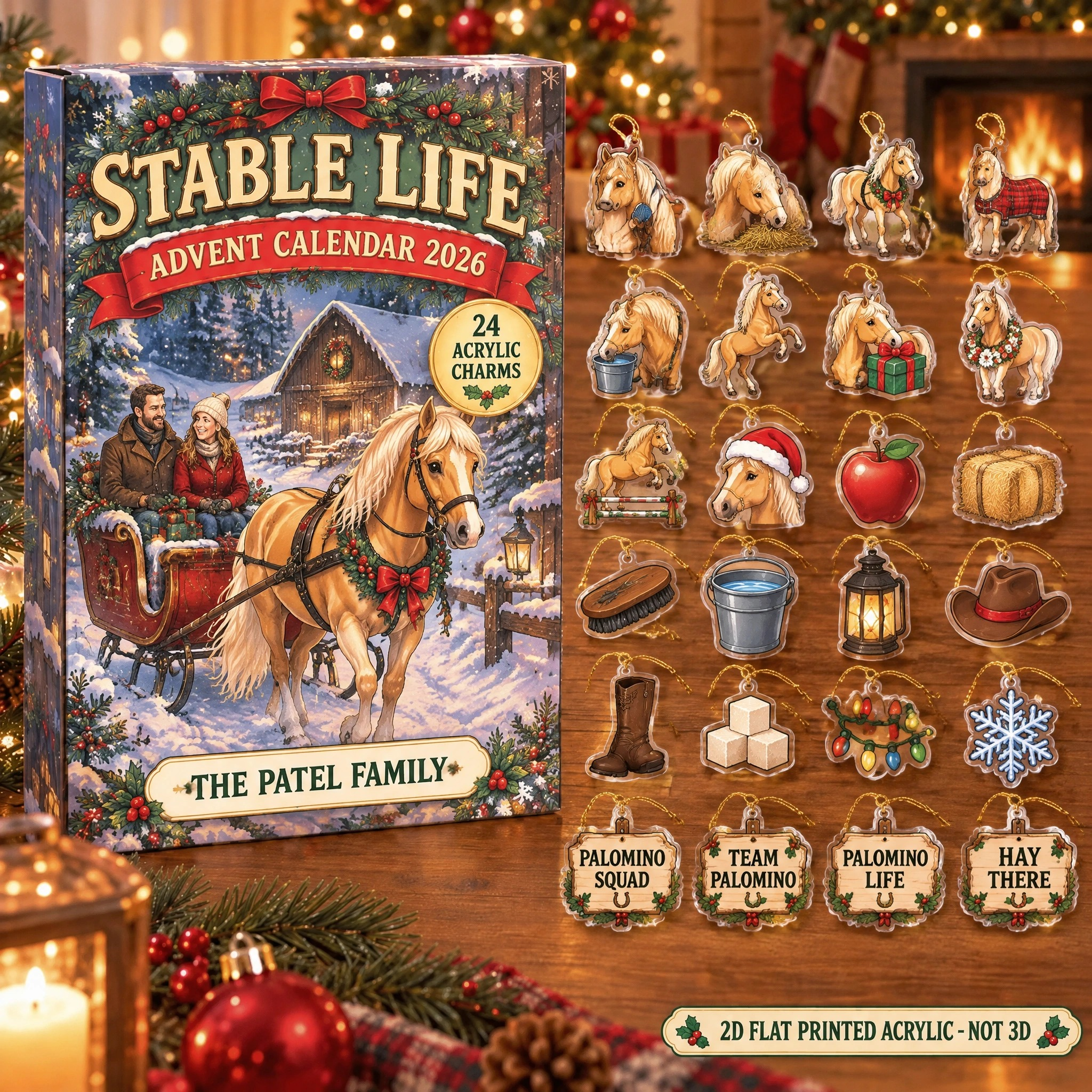Personalized Palomino Horse Lover advent calendar box with 24 flat acrylic Christmas charms