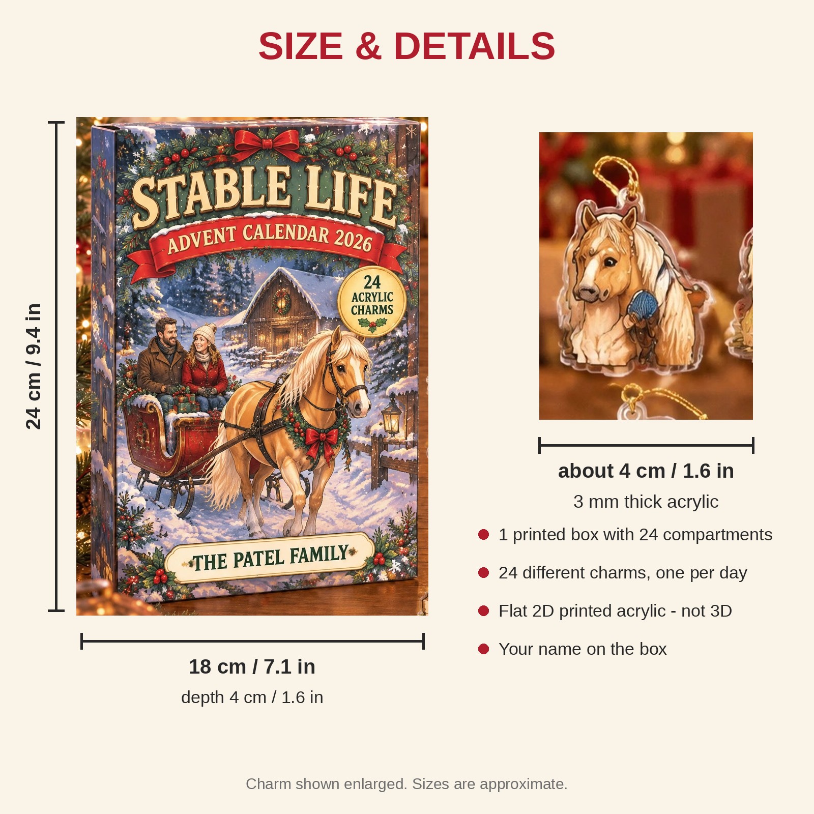 Personalized Palomino Horse Lover advent calendar box with 24 flat acrylic Christmas charms: box and charm sizes