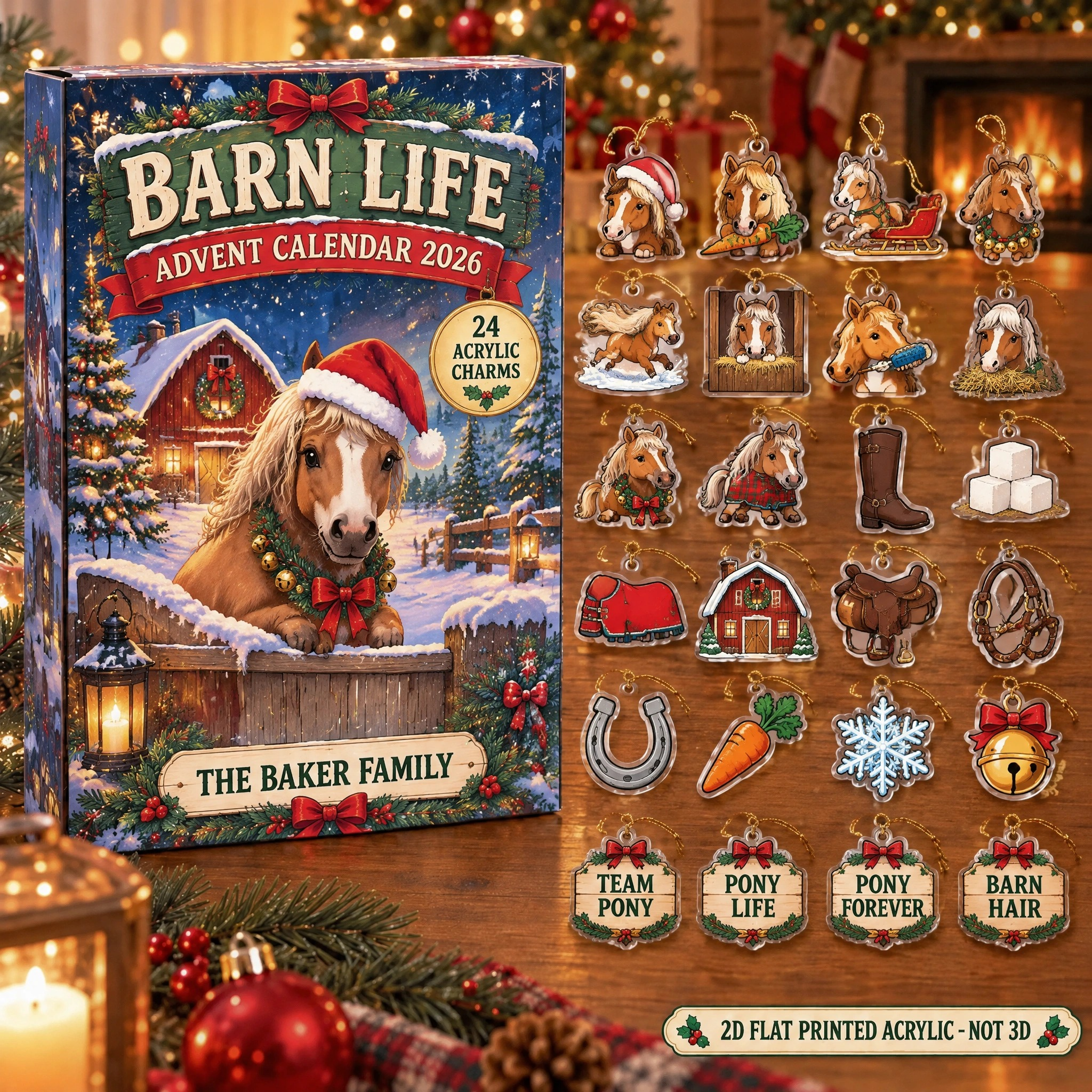 Personalized Pony Lover advent calendar box with 24 flat acrylic Christmas charms