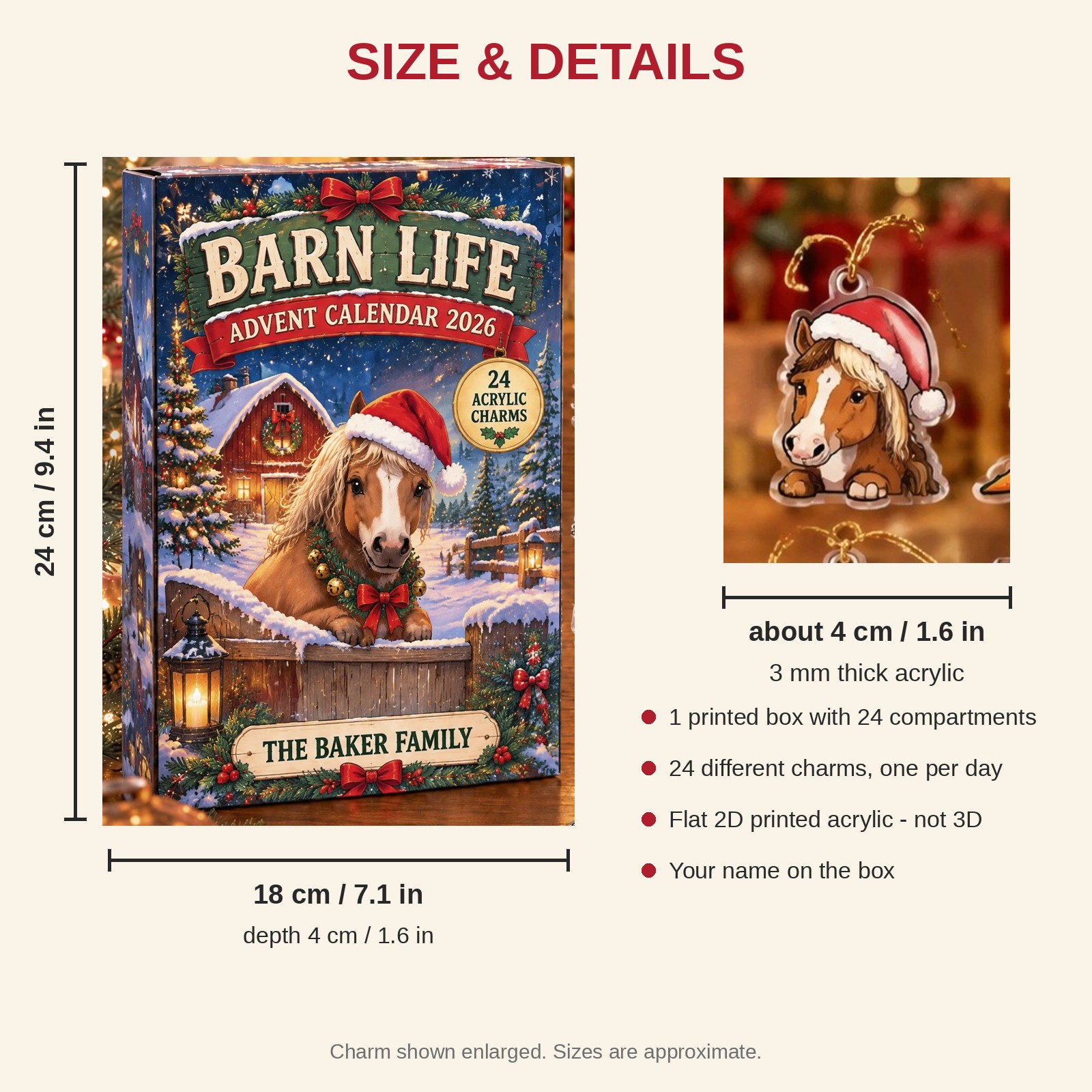 Personalized Pony Lover advent calendar box with 24 flat acrylic Christmas charms: box and charm sizes