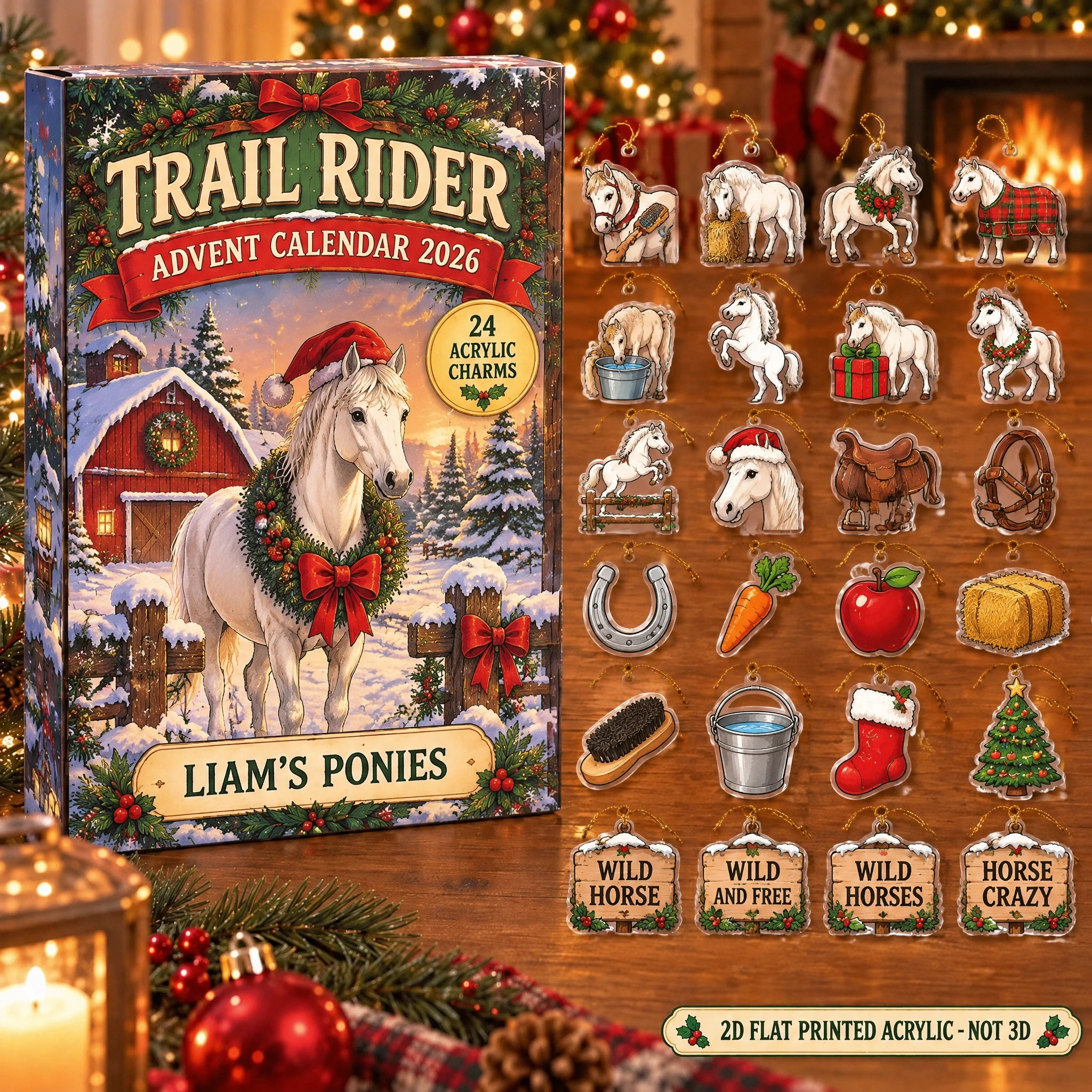 Personalized White Horse Lover advent calendar box with 24 flat acrylic Christmas charms
