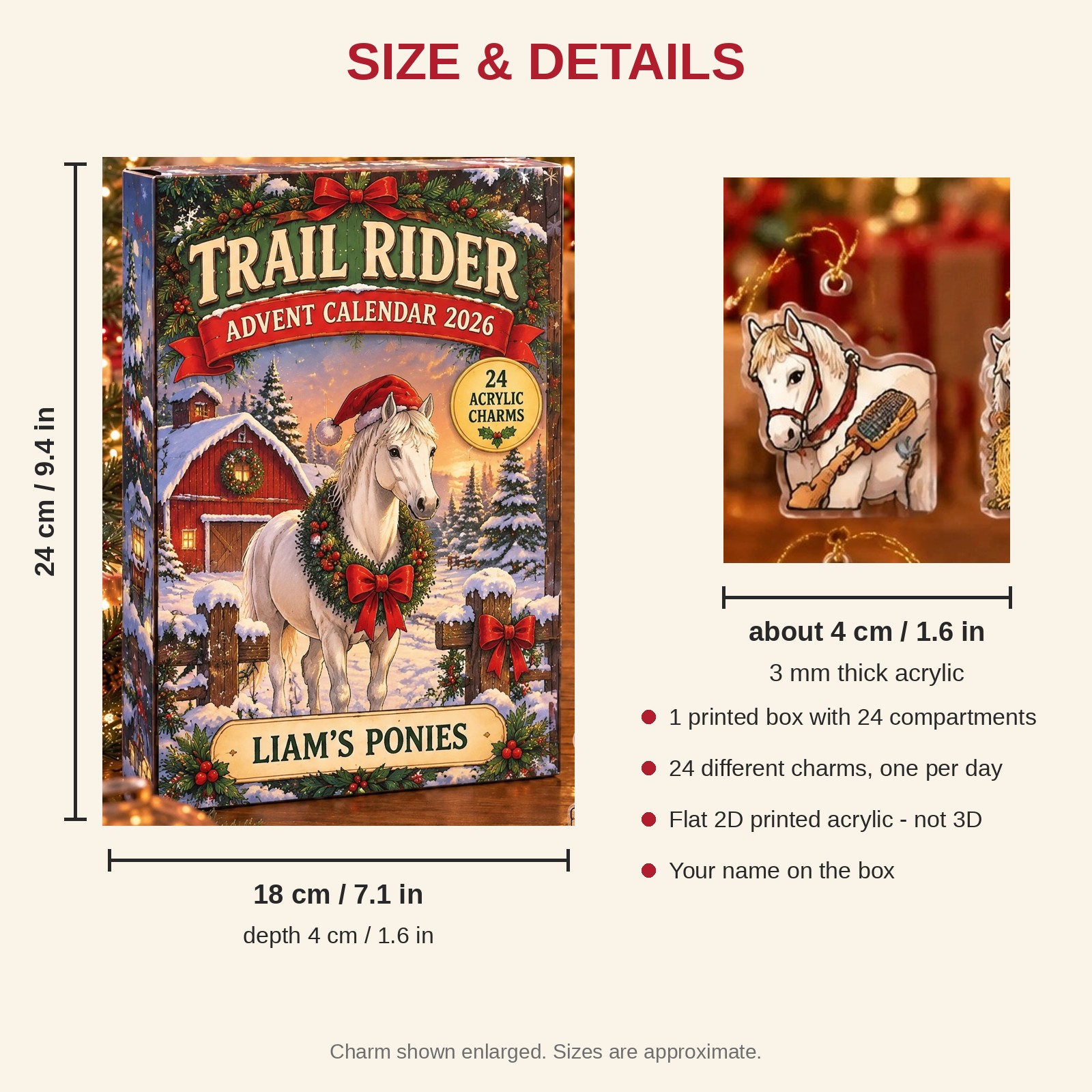 Personalized White Horse Lover advent calendar box with 24 flat acrylic Christmas charms: box and charm sizes