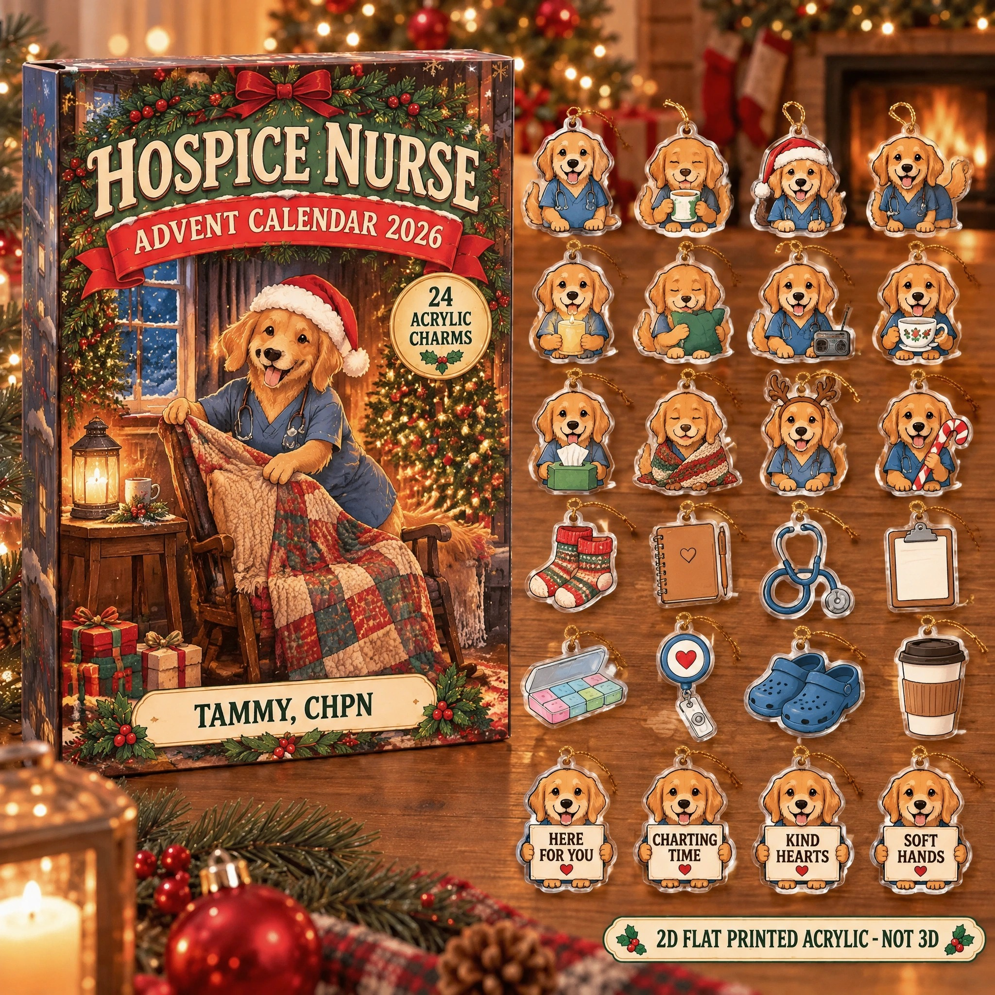 Personalized Hospice Nurse Dog advent calendar box with 24 flat acrylic Christmas charms