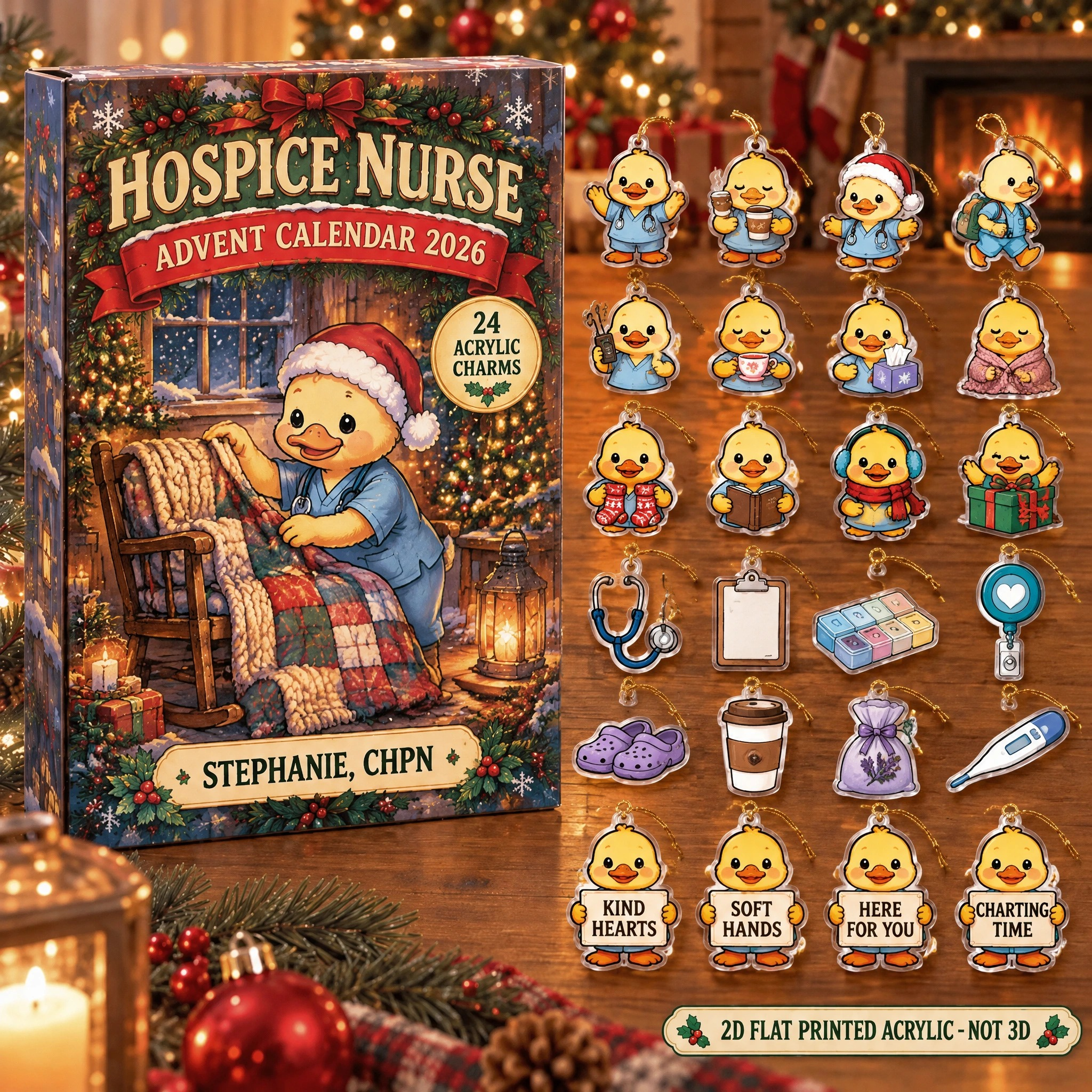 Personalized Hospice Nurse Duck advent calendar box with 24 flat acrylic Christmas charms
