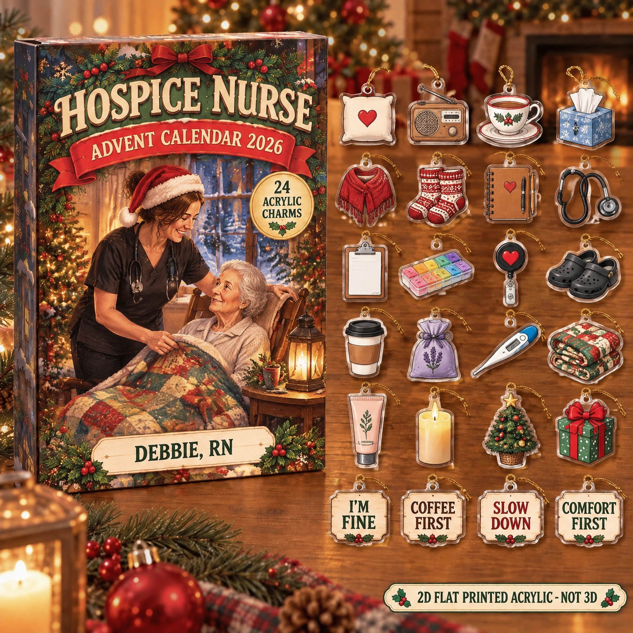 Personalized Hospice Nurse Essentials advent calendar box with 24 flat acrylic Christmas charms