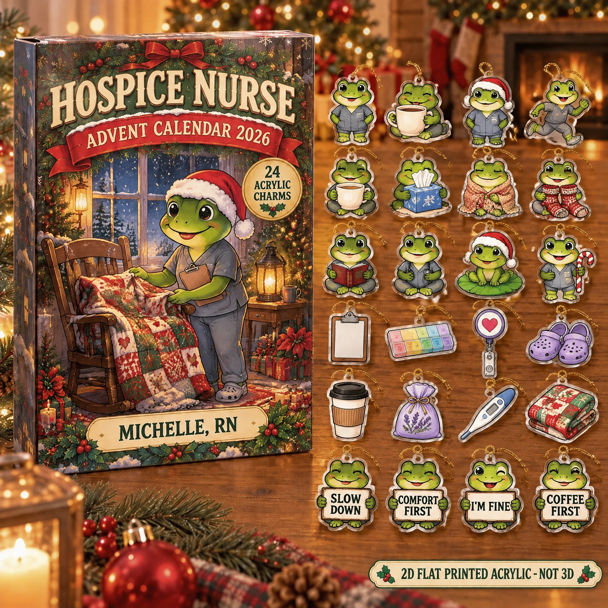 Personalized Hospice Nurse Frog advent calendar box with 24 flat acrylic Christmas charms