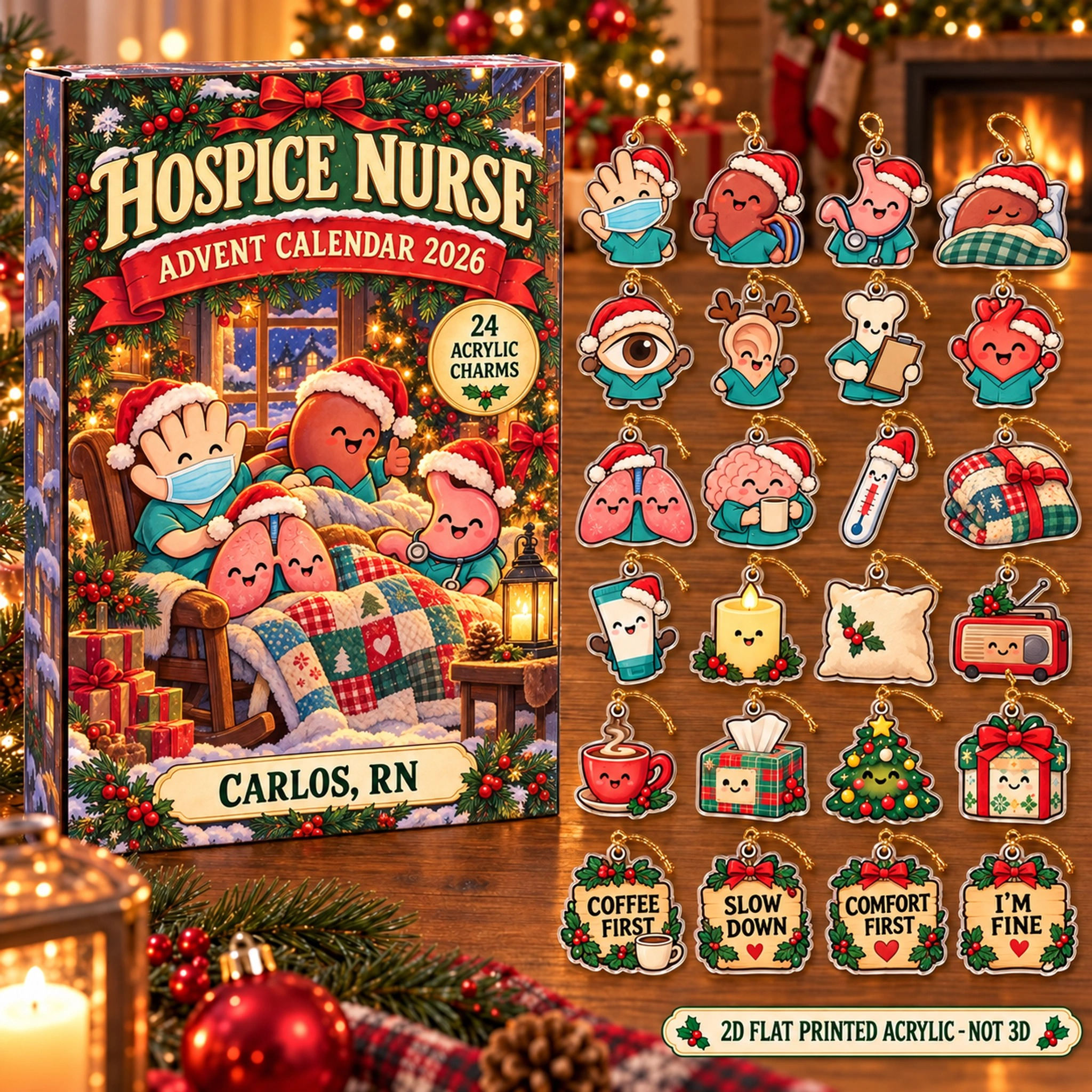 Personalized Hospice Nurse Funny Anatomy advent calendar box with 24 flat acrylic Christmas charms