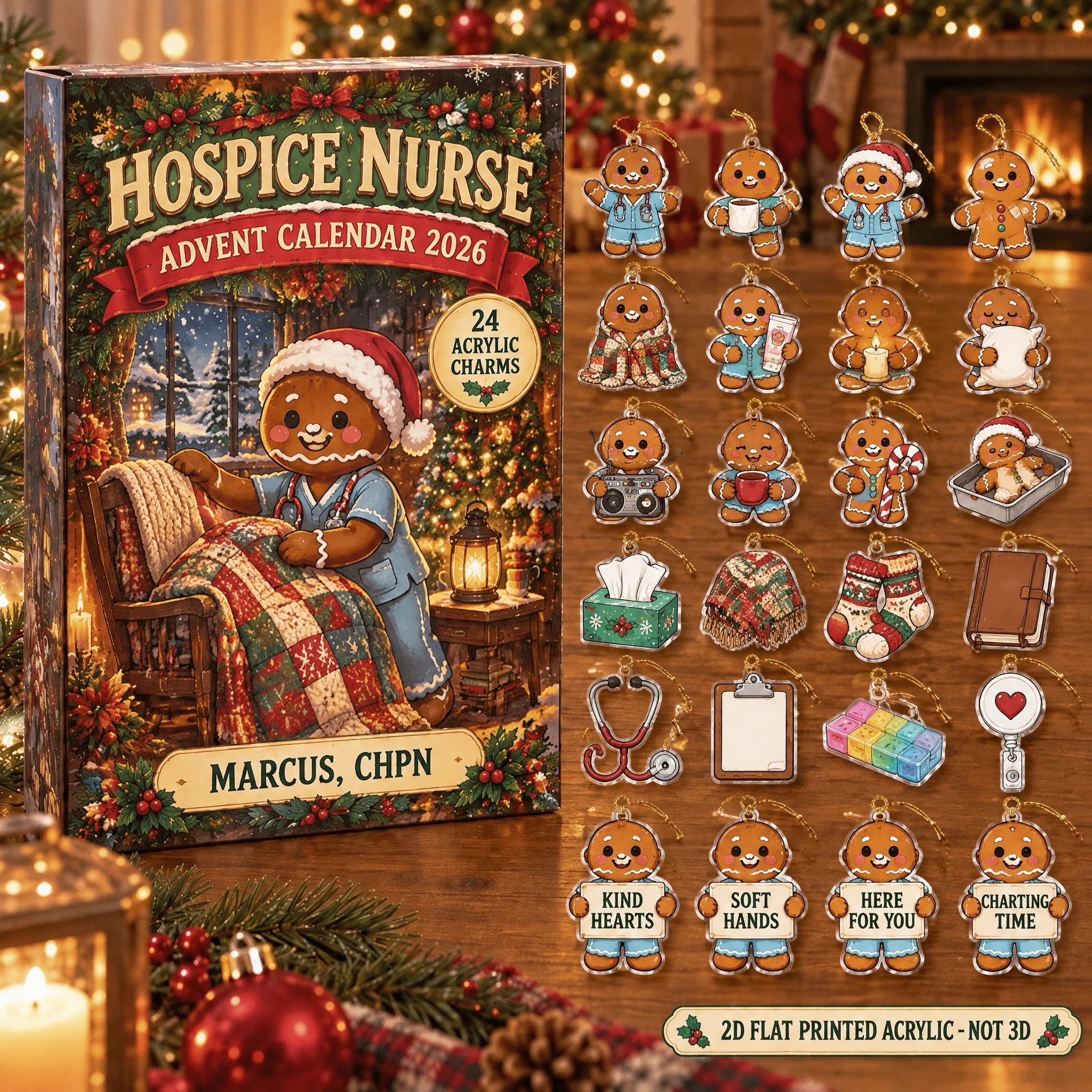 Personalized Hospice Nurse Gingerbread advent calendar box with 24 flat acrylic Christmas charms