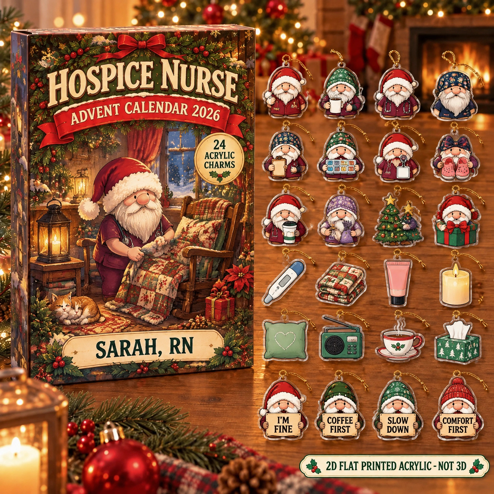 Personalized Hospice Nurse Gnome advent calendar box with 24 flat acrylic Christmas charms
