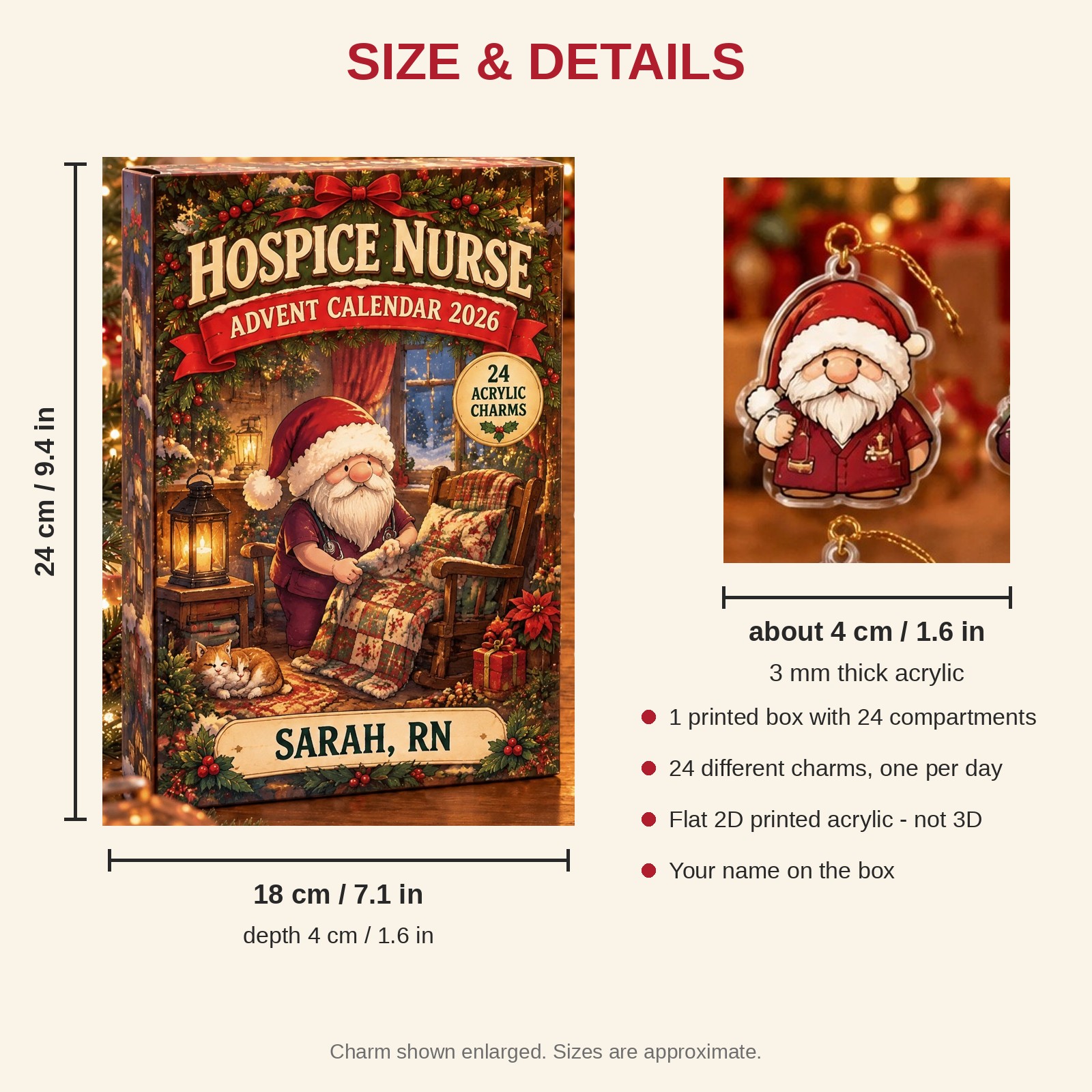 Personalized Hospice Nurse Gnome advent calendar box with 24 flat acrylic Christmas charms: box and charm sizes