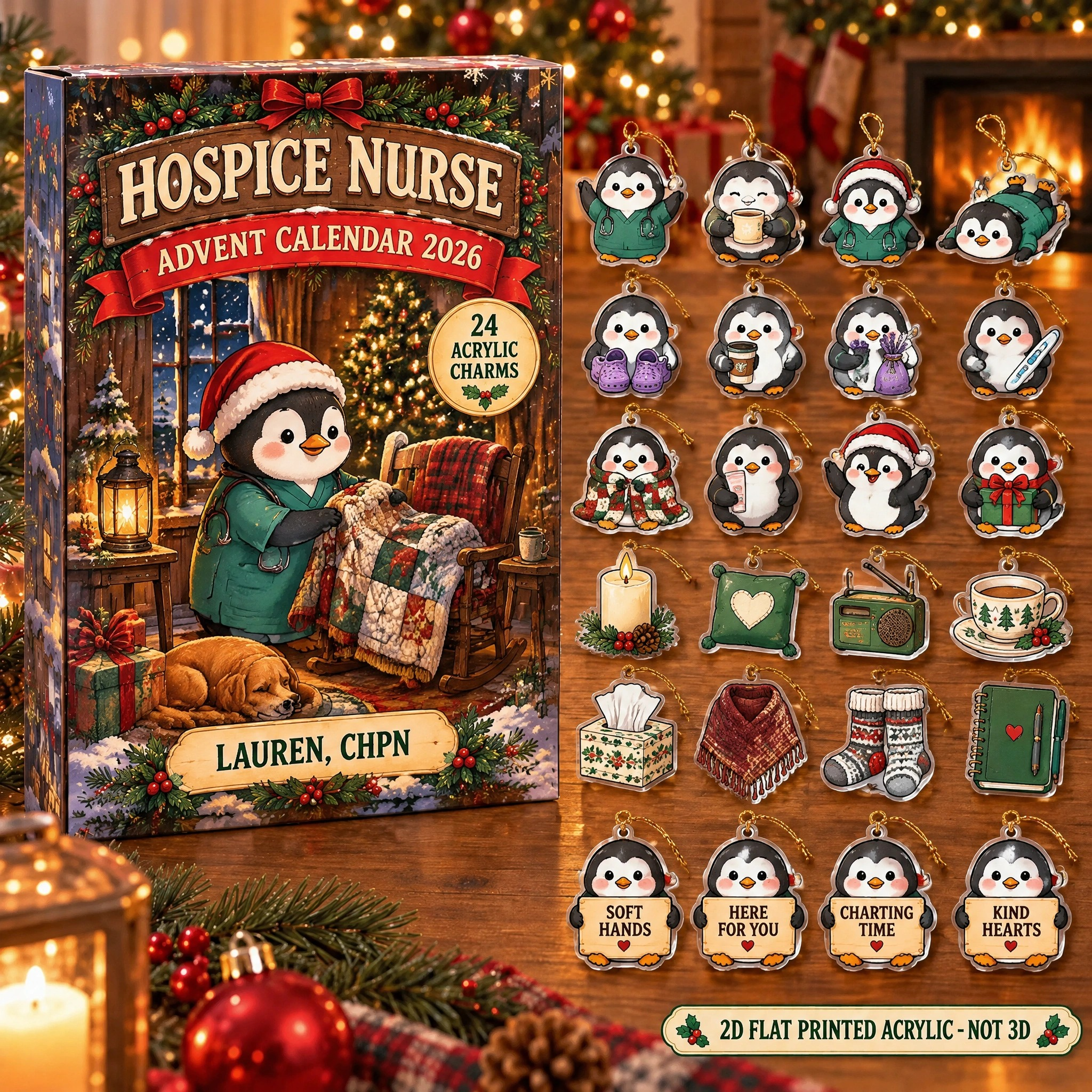 Personalized Hospice Nurse Penguin advent calendar box with 24 flat acrylic Christmas charms