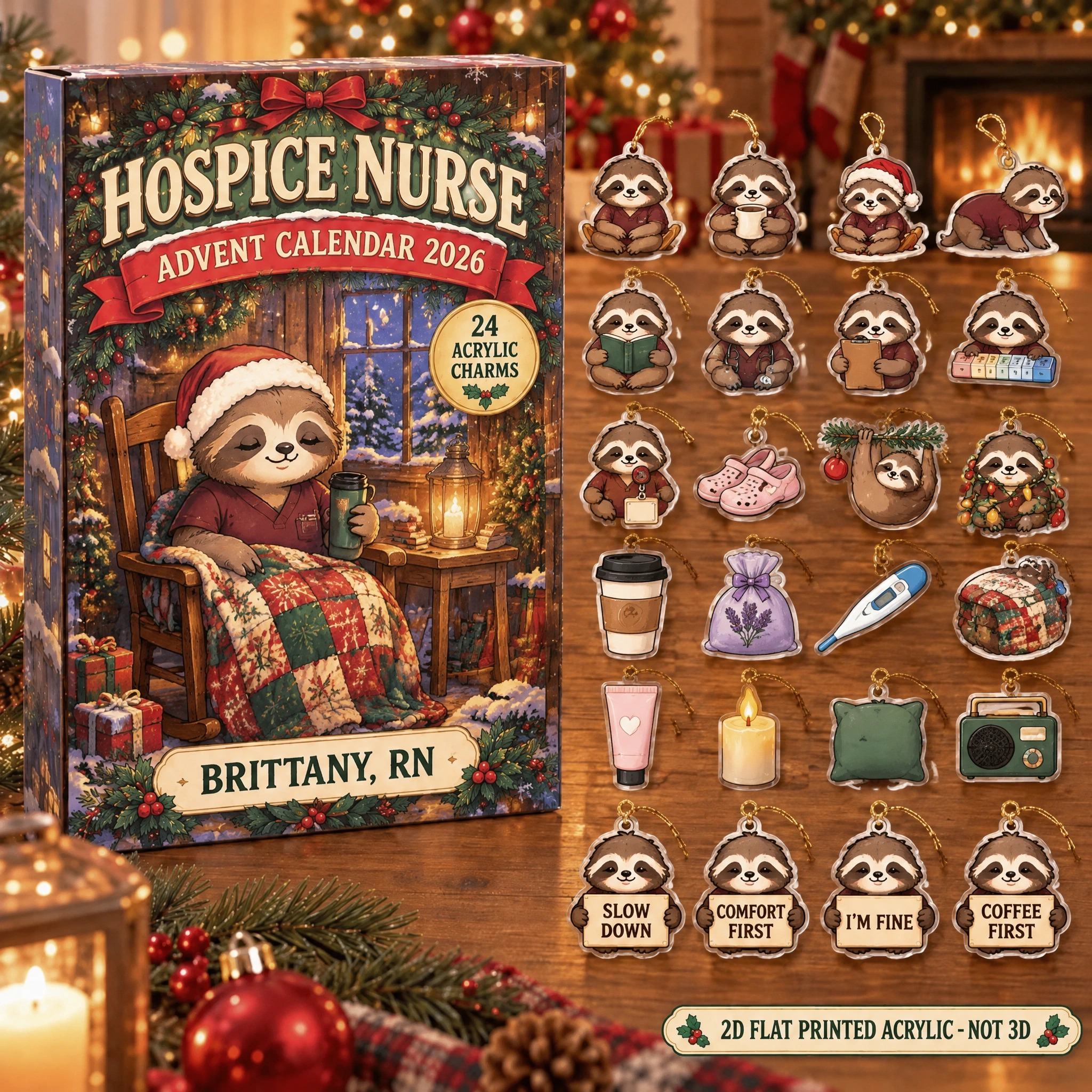 Personalized Hospice Nurse Sloth advent calendar box with 24 flat acrylic Christmas charms