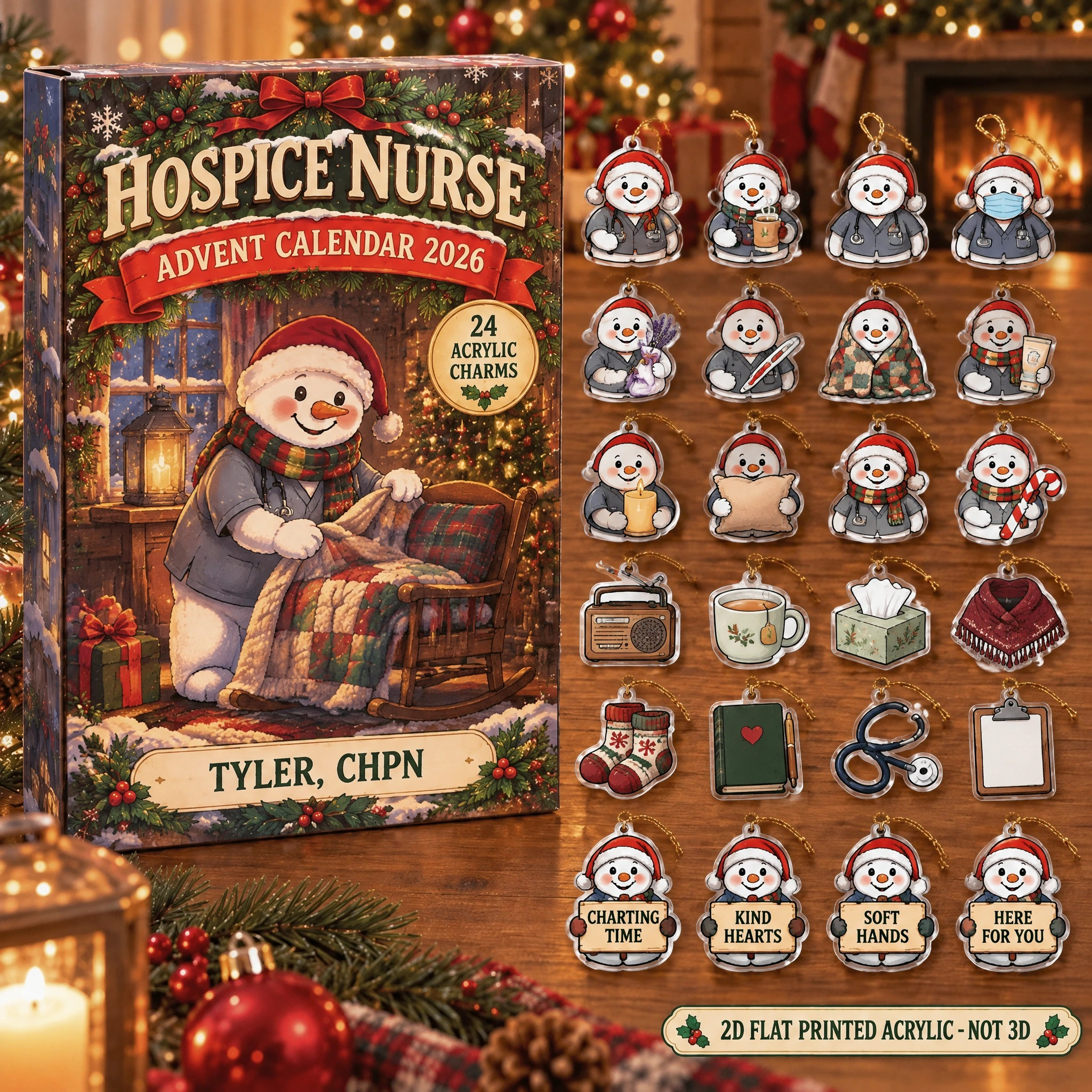 Personalized Hospice Nurse Snowman advent calendar box with 24 flat acrylic Christmas charms
