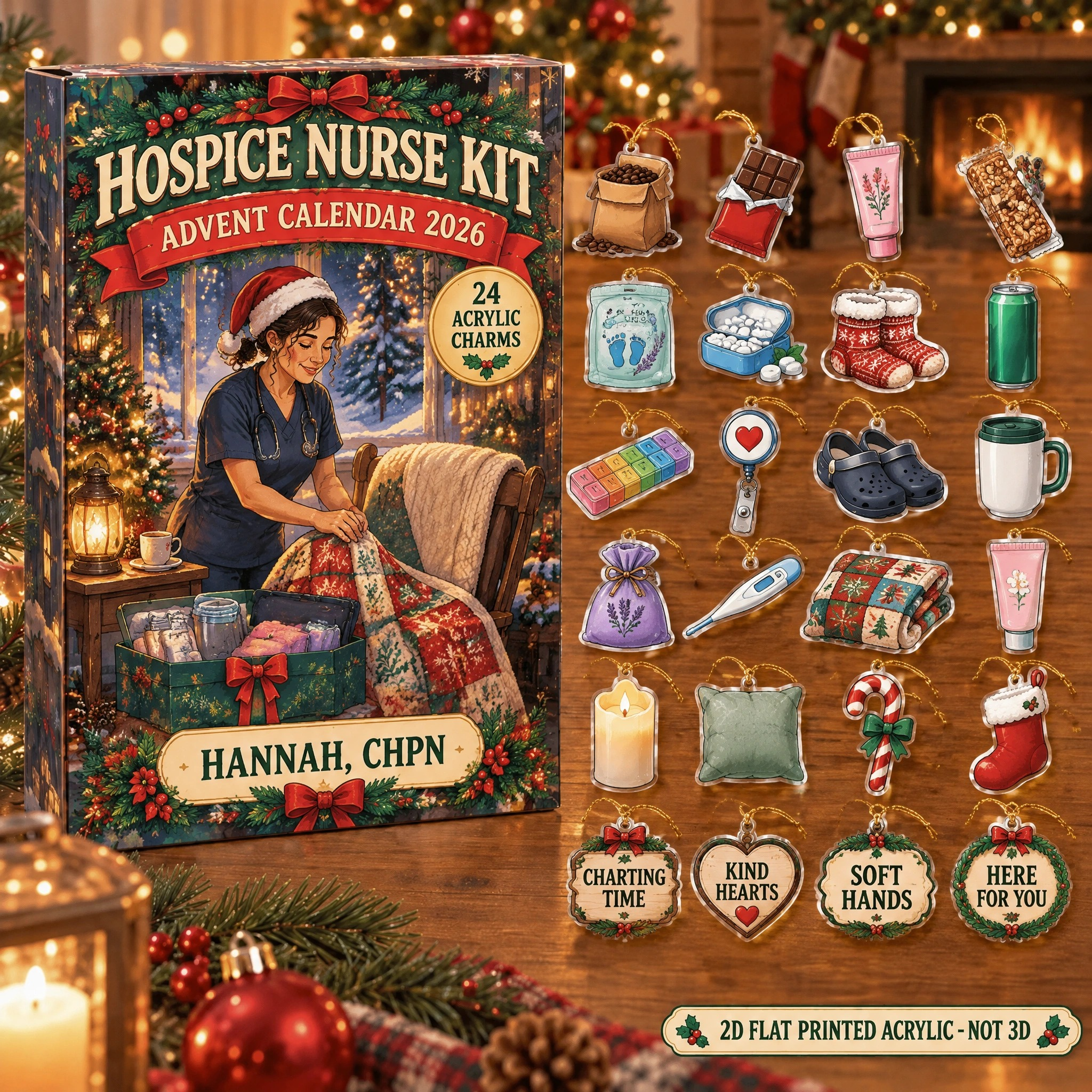 Personalized Hospice Nurse Survival Kit advent calendar box with 24 flat acrylic Christmas charms