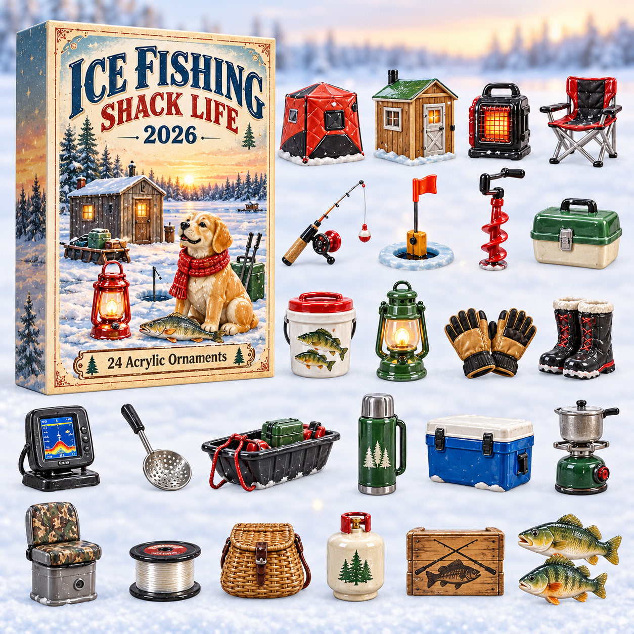 Ice Fishing Shack Life advent calendar box with 24 acrylic Christmas charms
