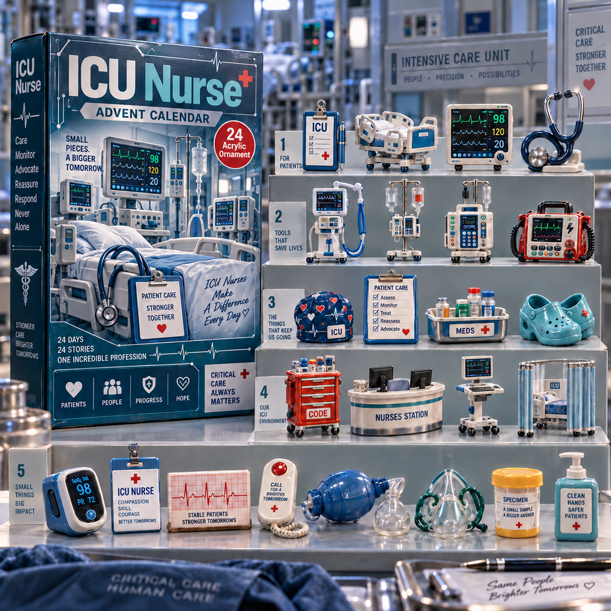 ICU Nurse advent calendar box with 24 acrylic Christmas charms