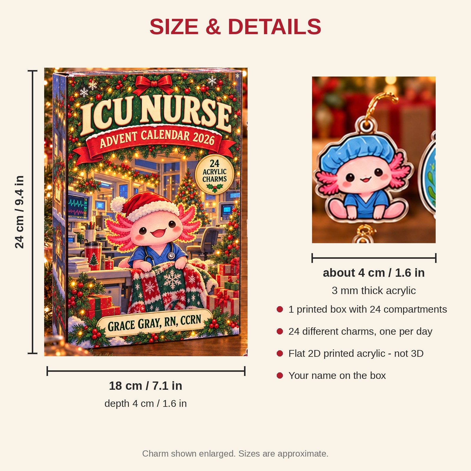 Personalized ICU Nurse Axolotl advent calendar box with 24 flat acrylic Christmas charms: box and charm sizes