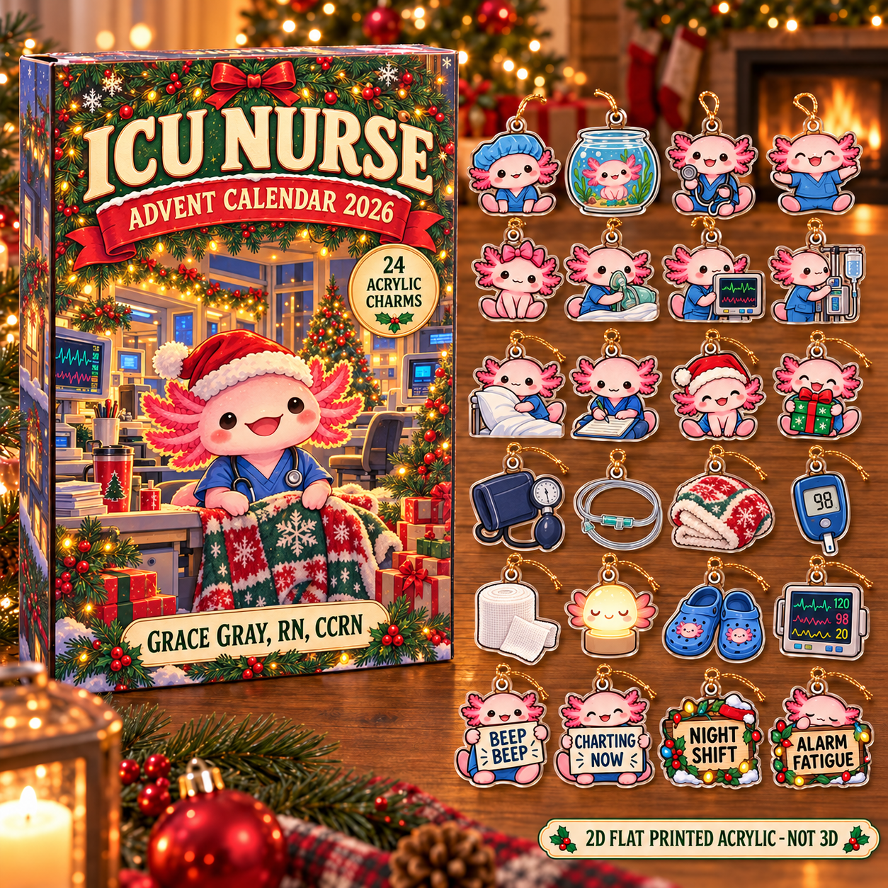 Personalized ICU Nurse Axolotl advent calendar box with 24 flat acrylic Christmas charms