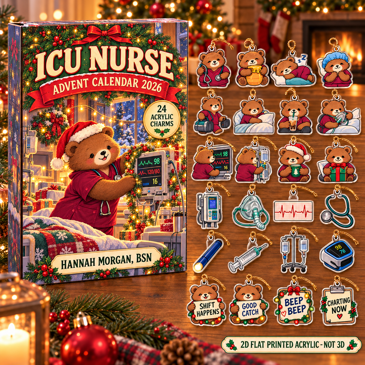 Personalized ICU Nurse Bear advent calendar box with 24 flat acrylic Christmas charms