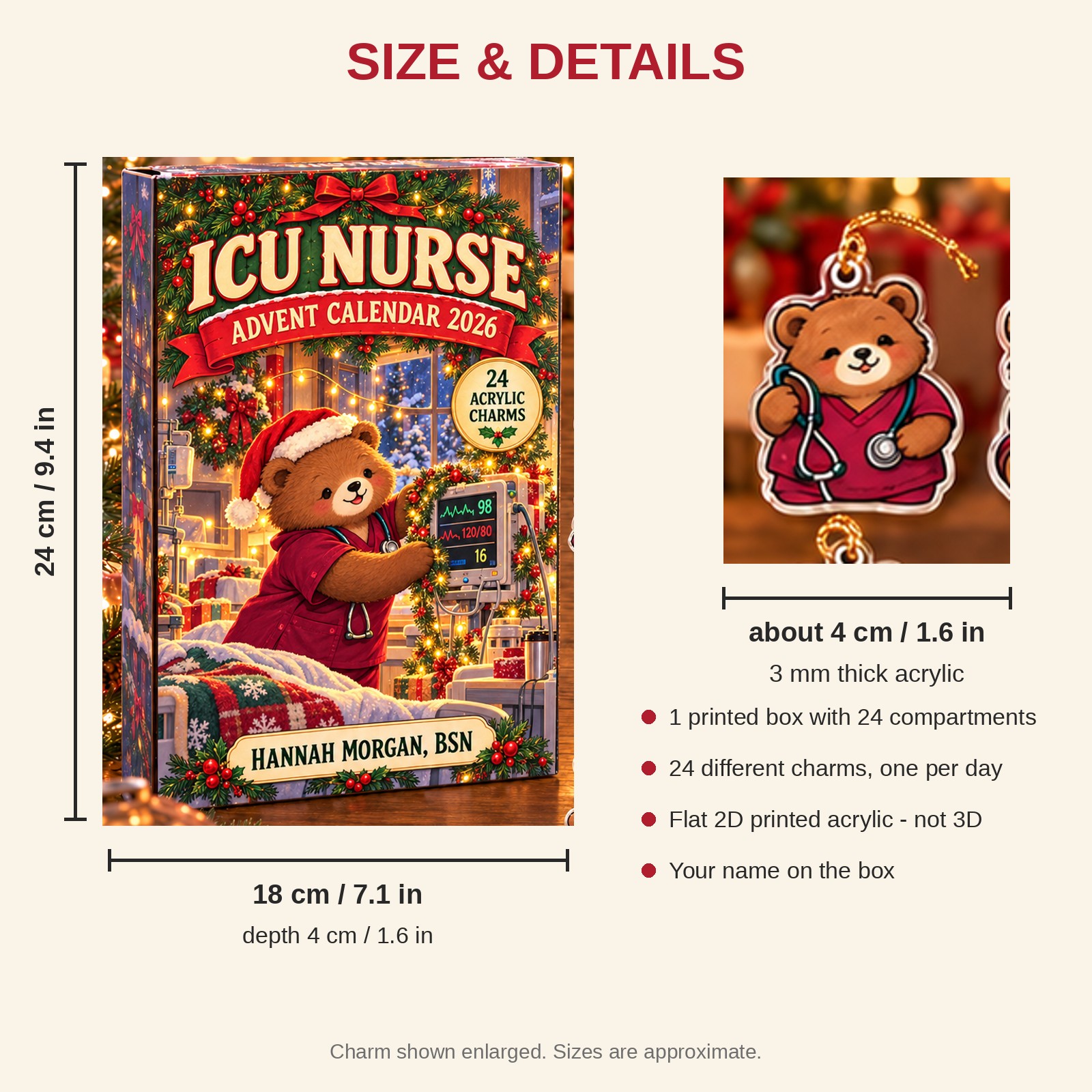 Personalized ICU Nurse Bear advent calendar box with 24 flat acrylic Christmas charms: box and charm sizes