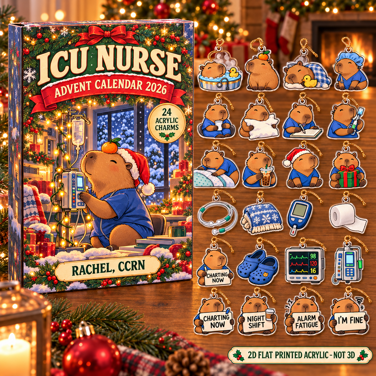 Personalized ICU Nurse Capybara advent calendar box with 24 flat acrylic Christmas charms