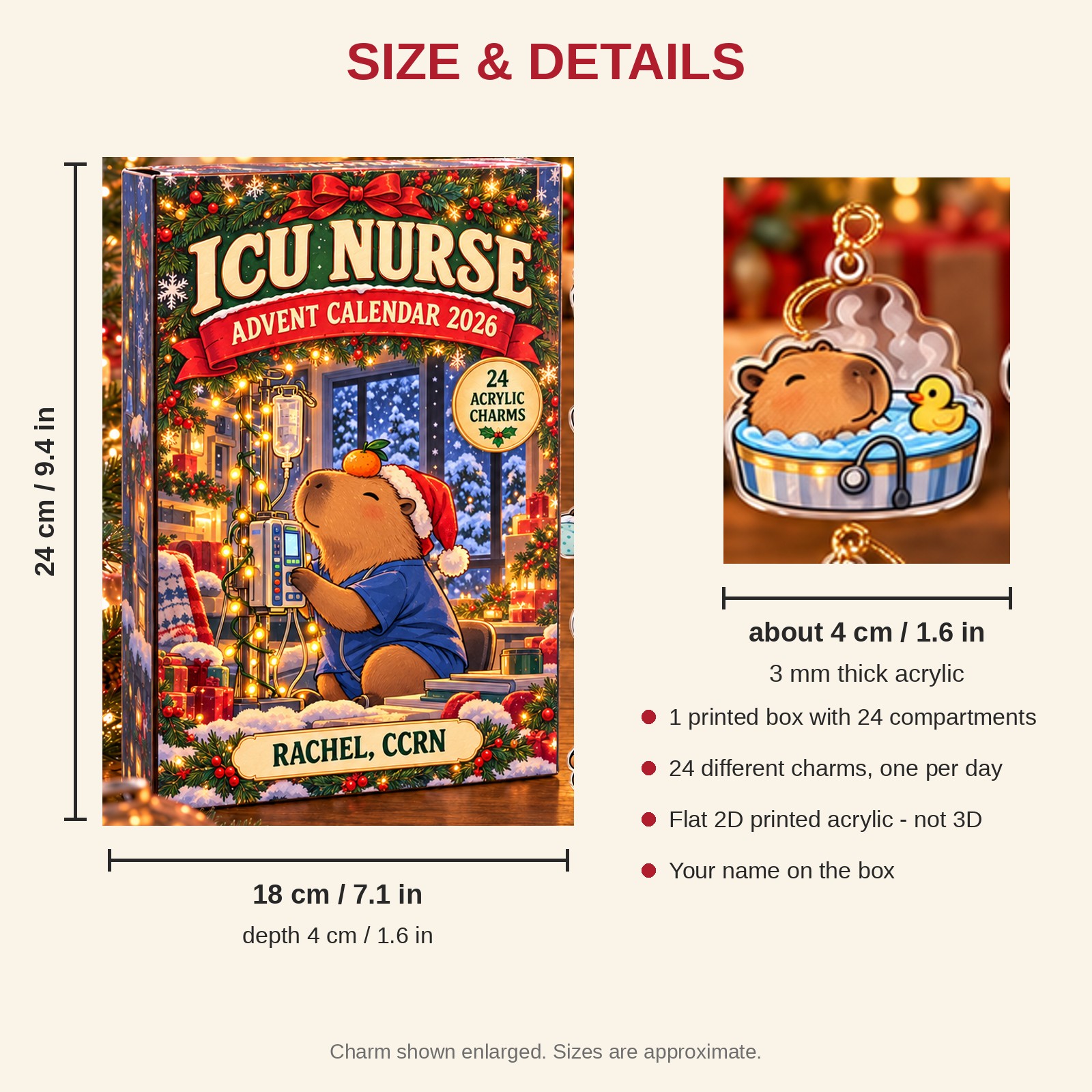 Personalized ICU Nurse Capybara advent calendar box with 24 flat acrylic Christmas charms: box and charm sizes