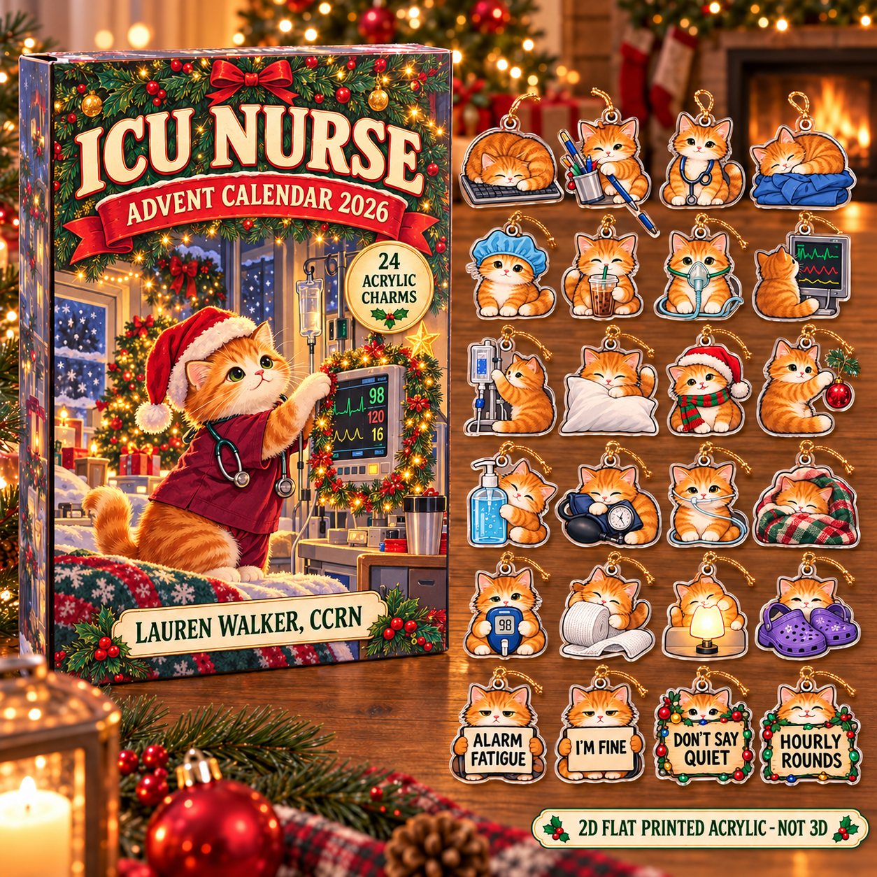 Personalized ICU Nurse Cat advent calendar box with 24 flat acrylic Christmas charms