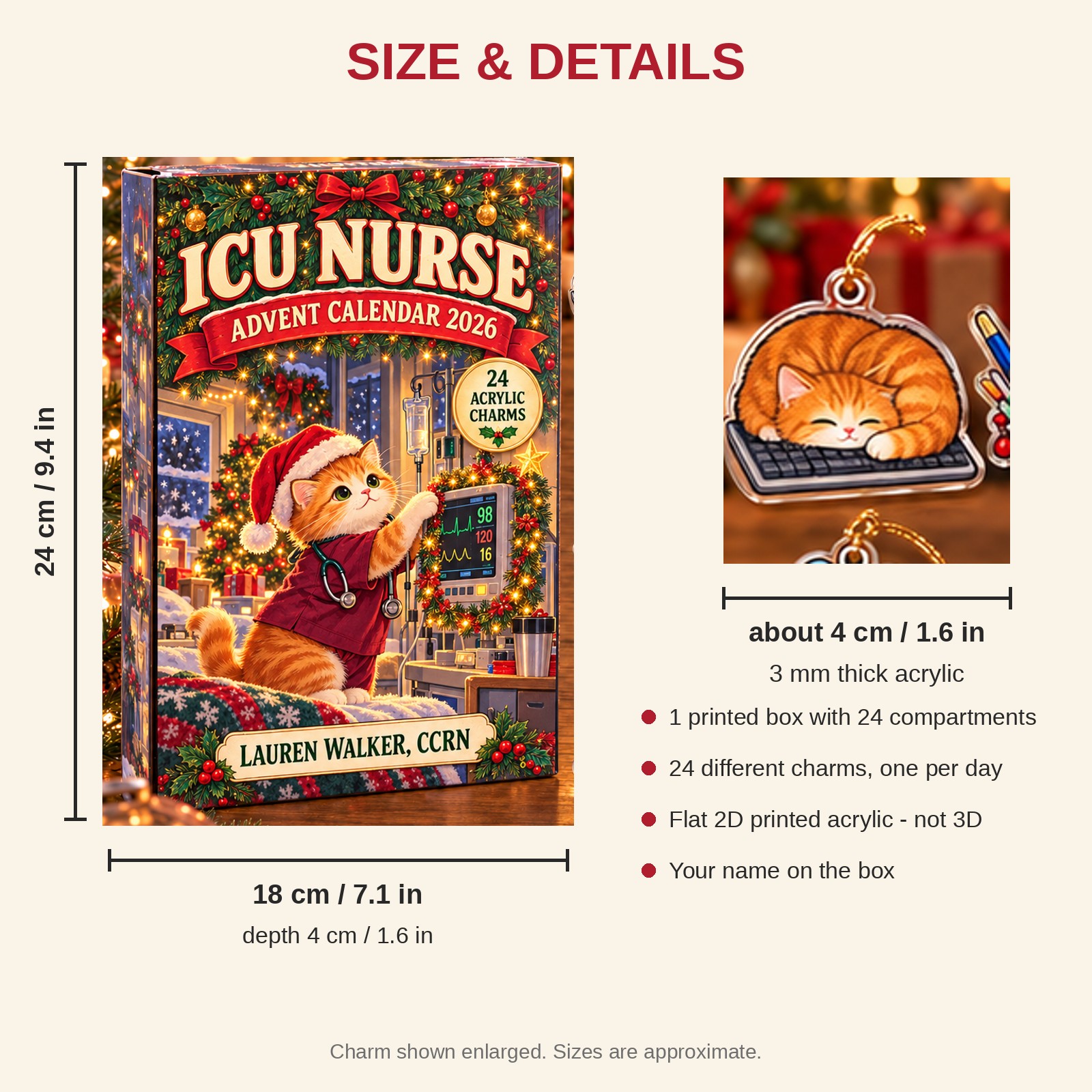 Personalized ICU Nurse Cat advent calendar box with 24 flat acrylic Christmas charms: box and charm sizes
