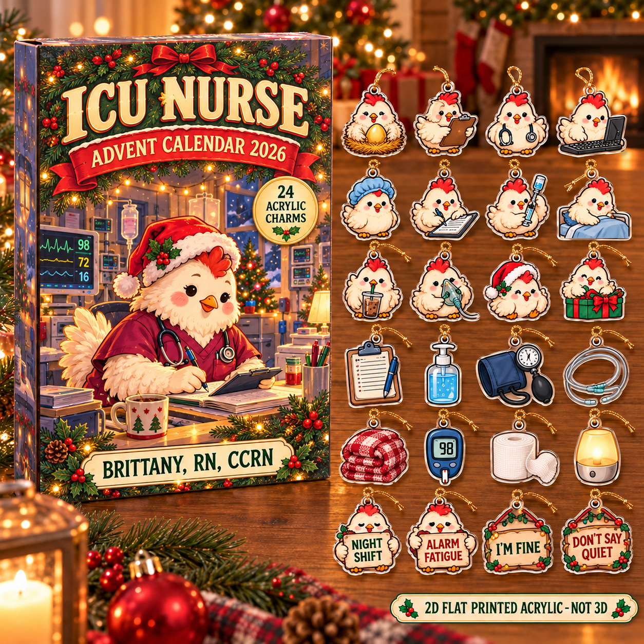 Personalized ICU Nurse Chicken advent calendar box with 24 flat acrylic Christmas charms