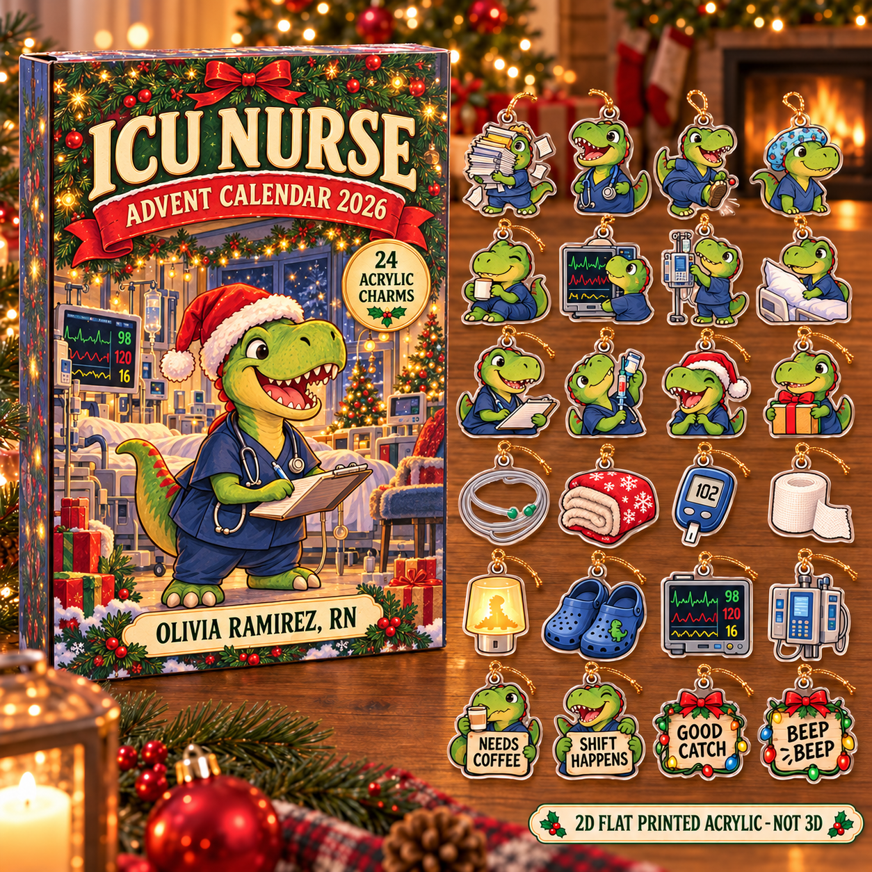 Personalized ICU Nurse Dinosaur advent calendar box with 24 flat acrylic Christmas charms