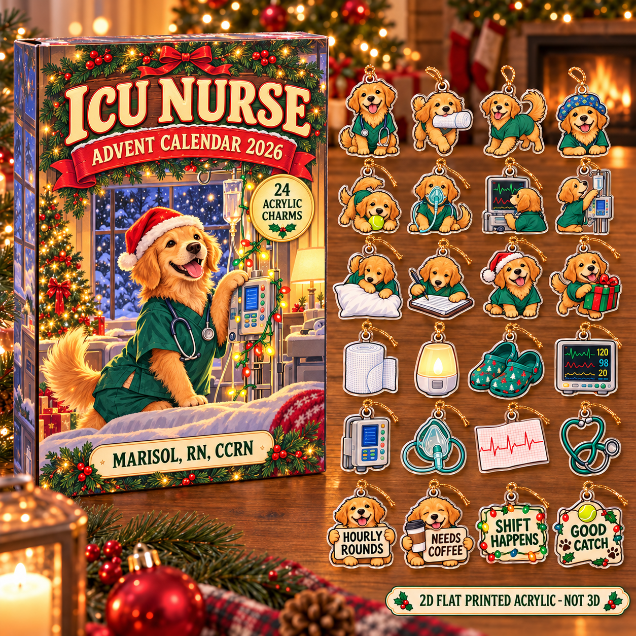 Personalized ICU Nurse Dog advent calendar box with 24 flat acrylic Christmas charms
