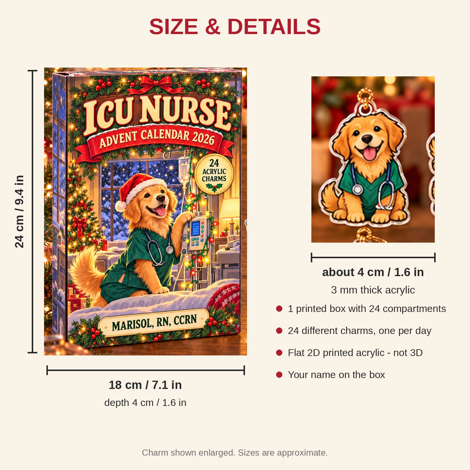 Personalized ICU Nurse Dog advent calendar box with 24 flat acrylic Christmas charms: box and charm sizes