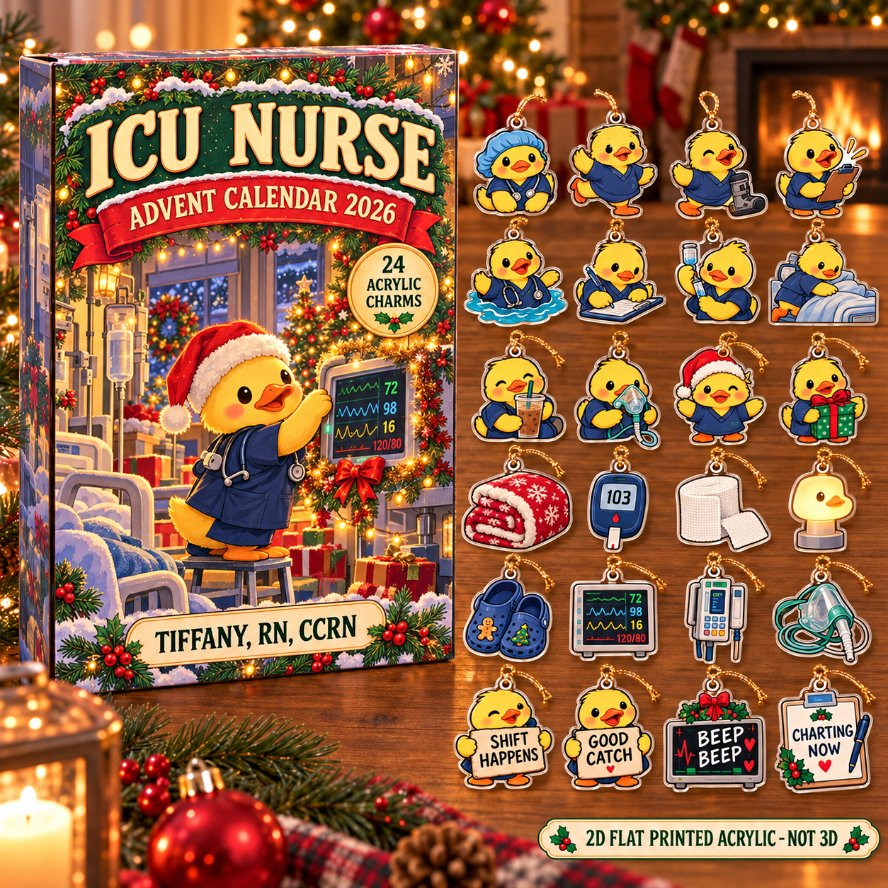 Personalized ICU Nurse Duck advent calendar box with 24 flat acrylic Christmas charms
