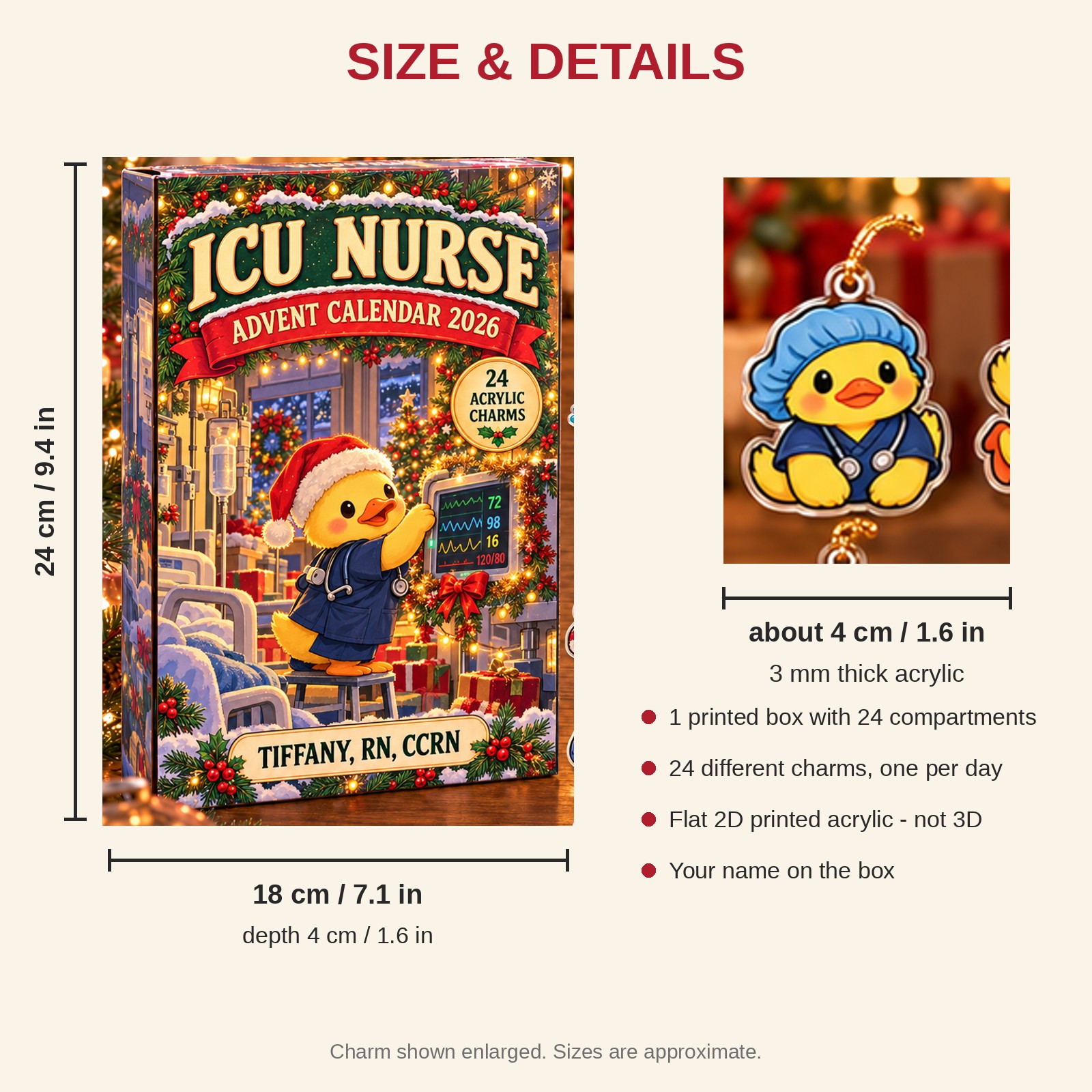Personalized ICU Nurse Duck advent calendar box with 24 flat acrylic Christmas charms: box and charm sizes