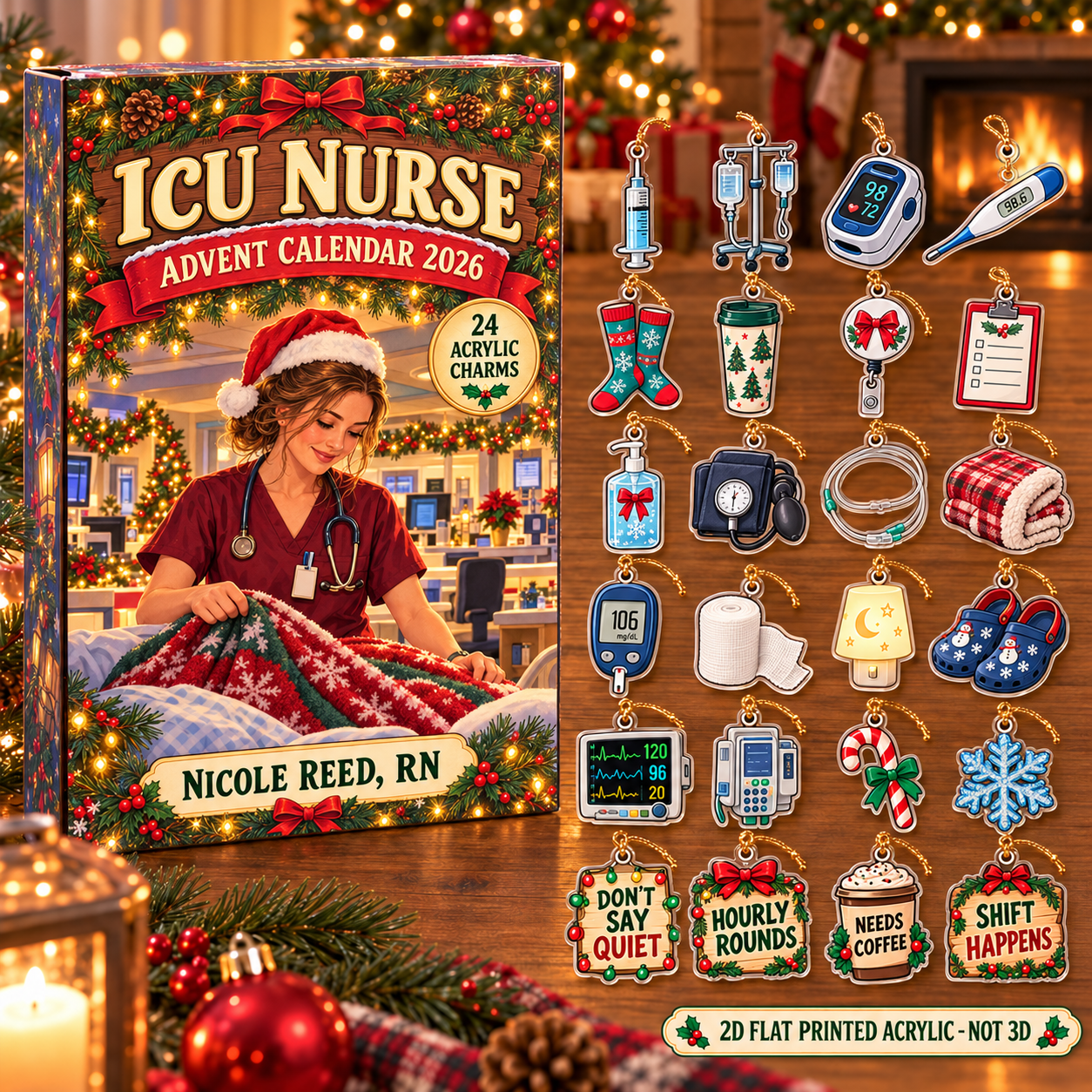 Personalized ICU Nurse Essentials advent calendar box with 24 flat acrylic Christmas charms