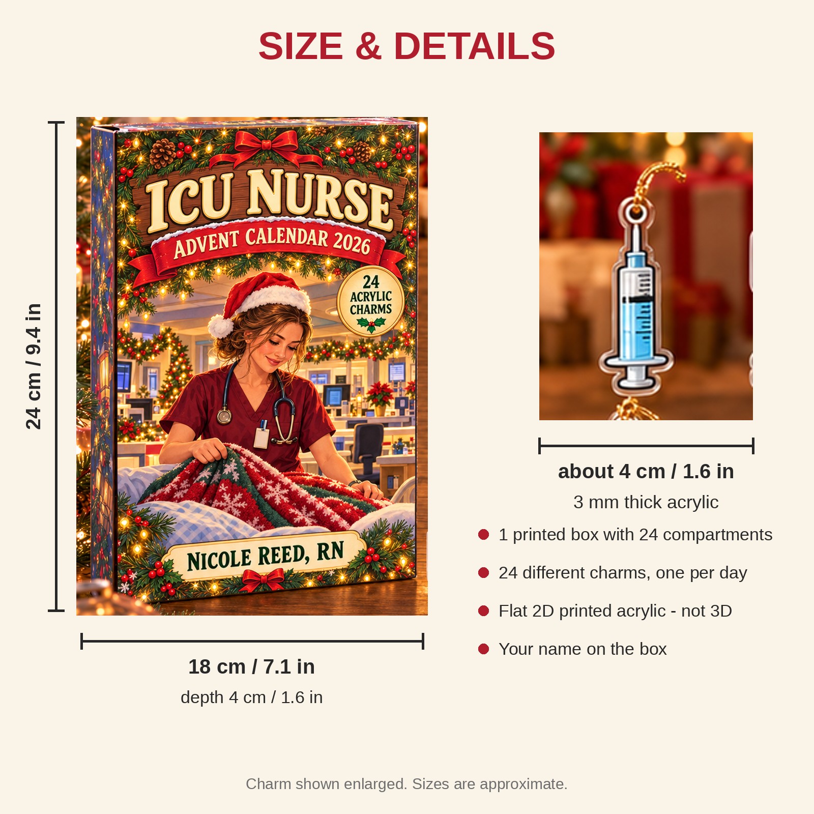 Personalized ICU Nurse Essentials advent calendar box with 24 flat acrylic Christmas charms: box and charm sizes