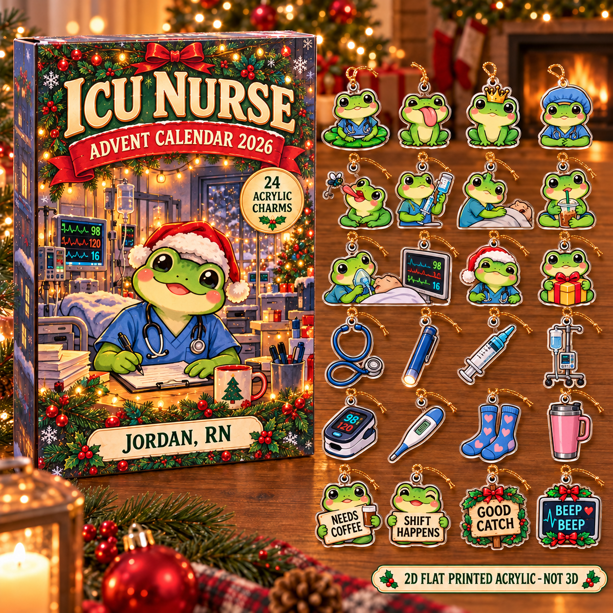 Personalized ICU Nurse Frog advent calendar box with 24 flat acrylic Christmas charms