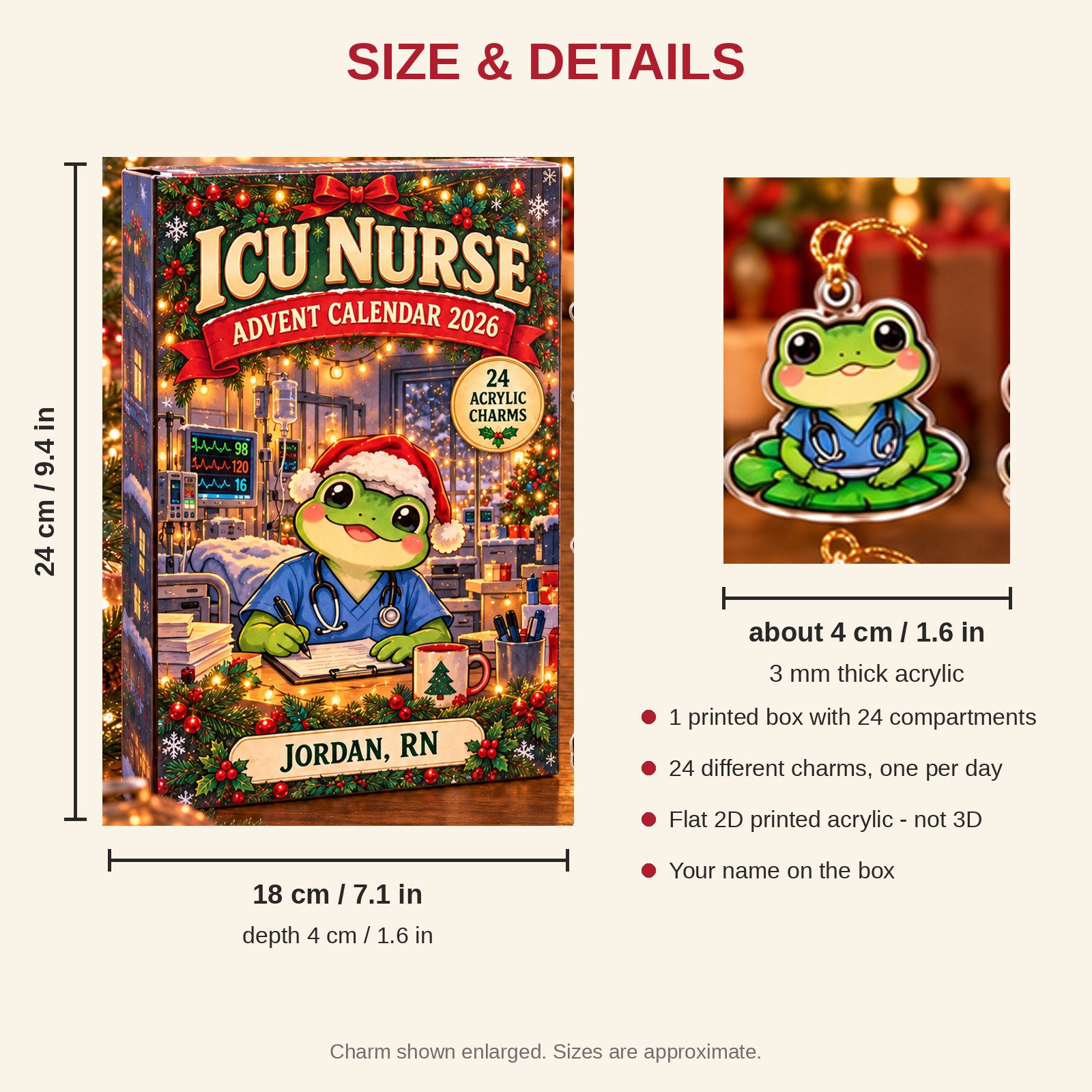 Personalized ICU Nurse Frog advent calendar box with 24 flat acrylic Christmas charms: box and charm sizes
