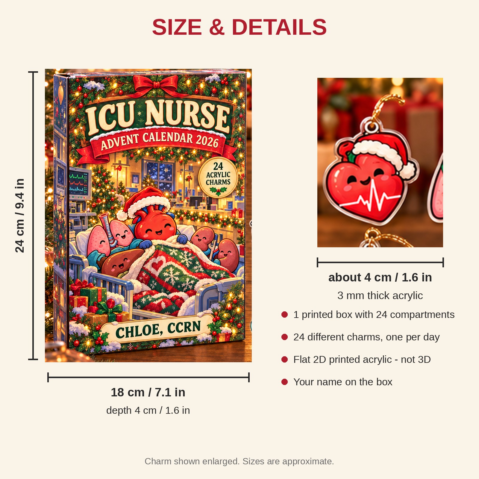 Personalized Funny Anatomy ICU Nurse advent calendar box with 24 flat acrylic Christmas charms: box and charm sizes