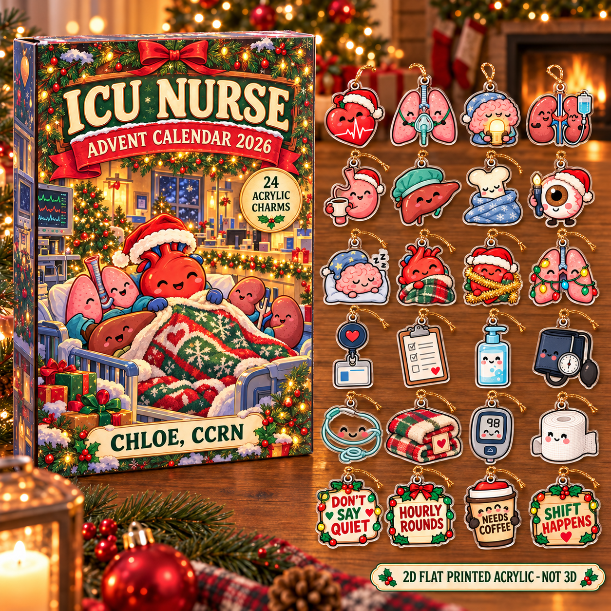 Personalized Funny Anatomy ICU Nurse advent calendar box with 24 flat acrylic Christmas charms