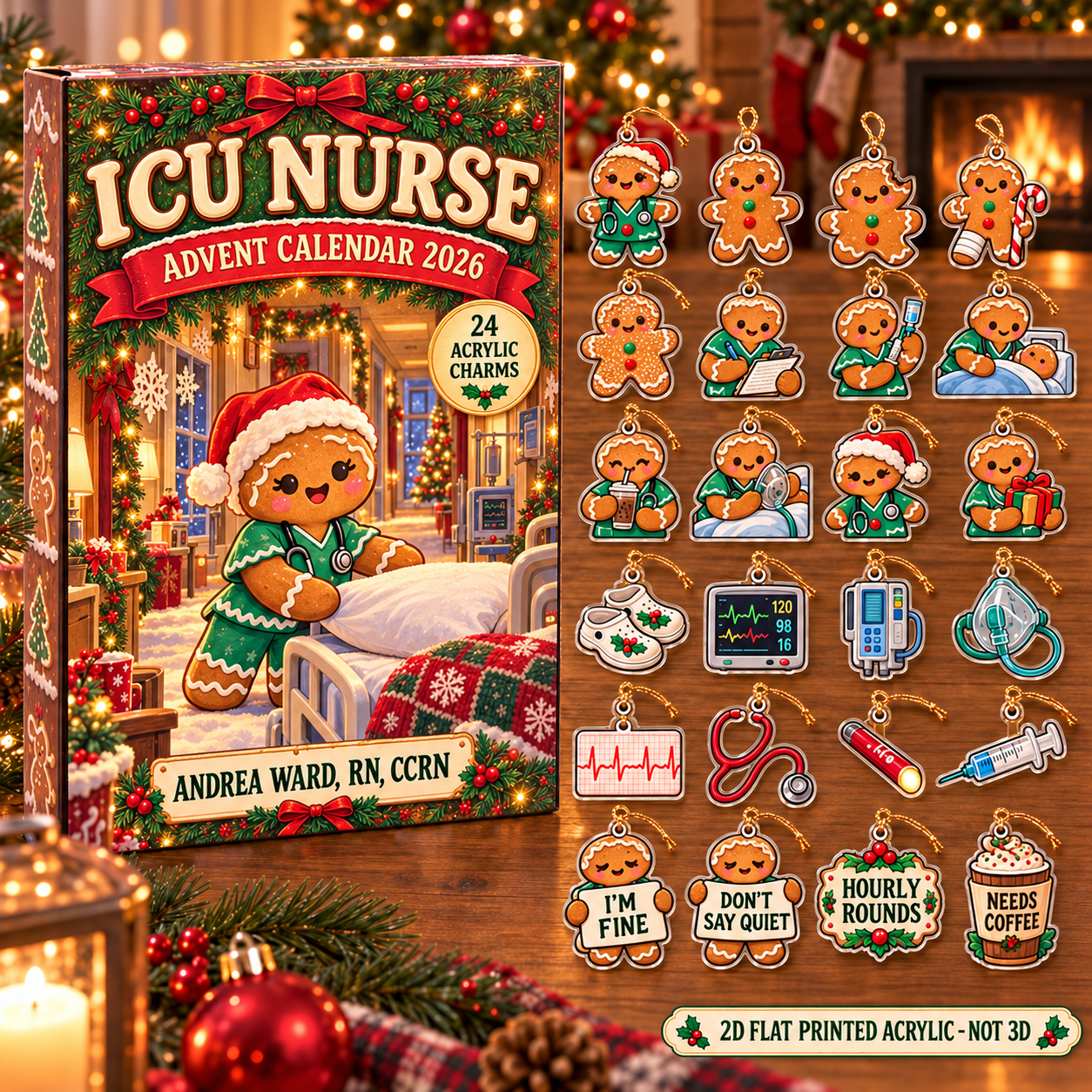 Personalized Gingerbread ICU Nurse advent calendar box with 24 flat acrylic Christmas charms