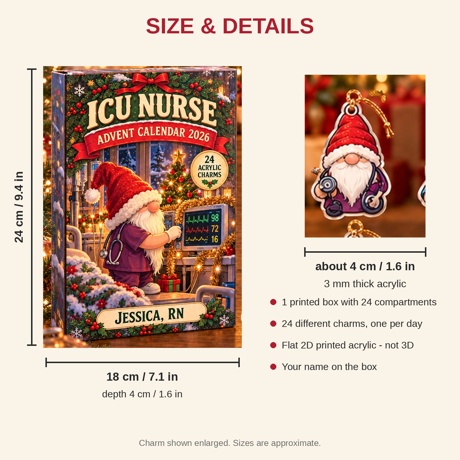 Personalized Gnome ICU Nurse advent calendar box with 24 flat acrylic Christmas charms: box and charm sizes
