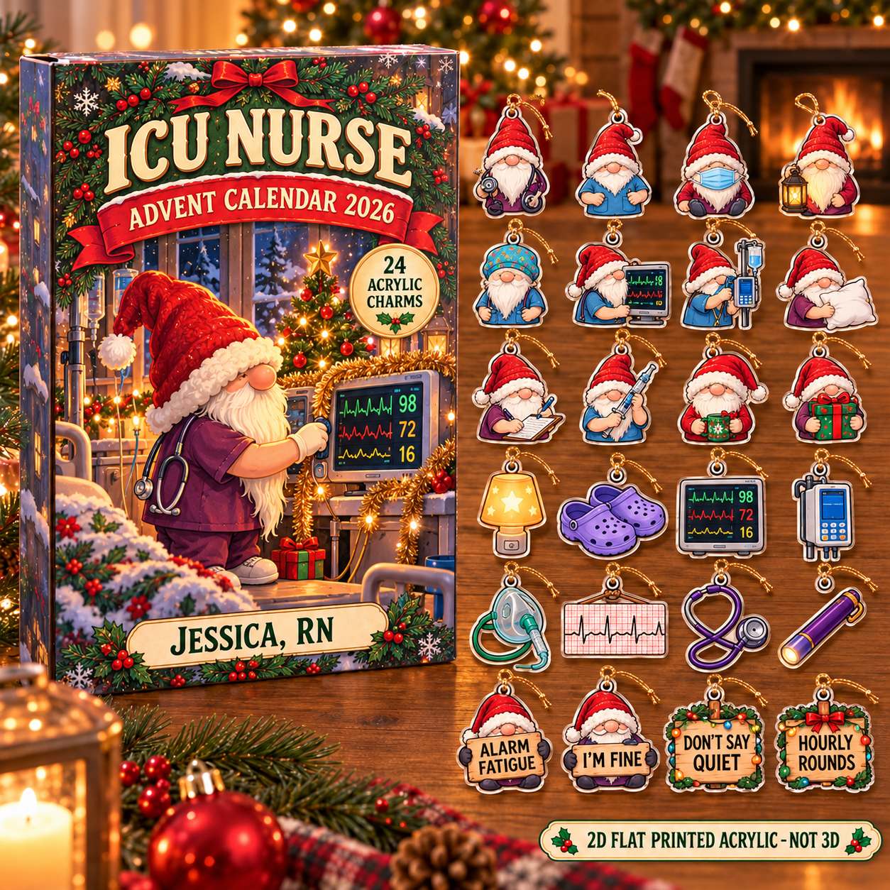 Personalized Gnome ICU Nurse advent calendar box with 24 flat acrylic Christmas charms